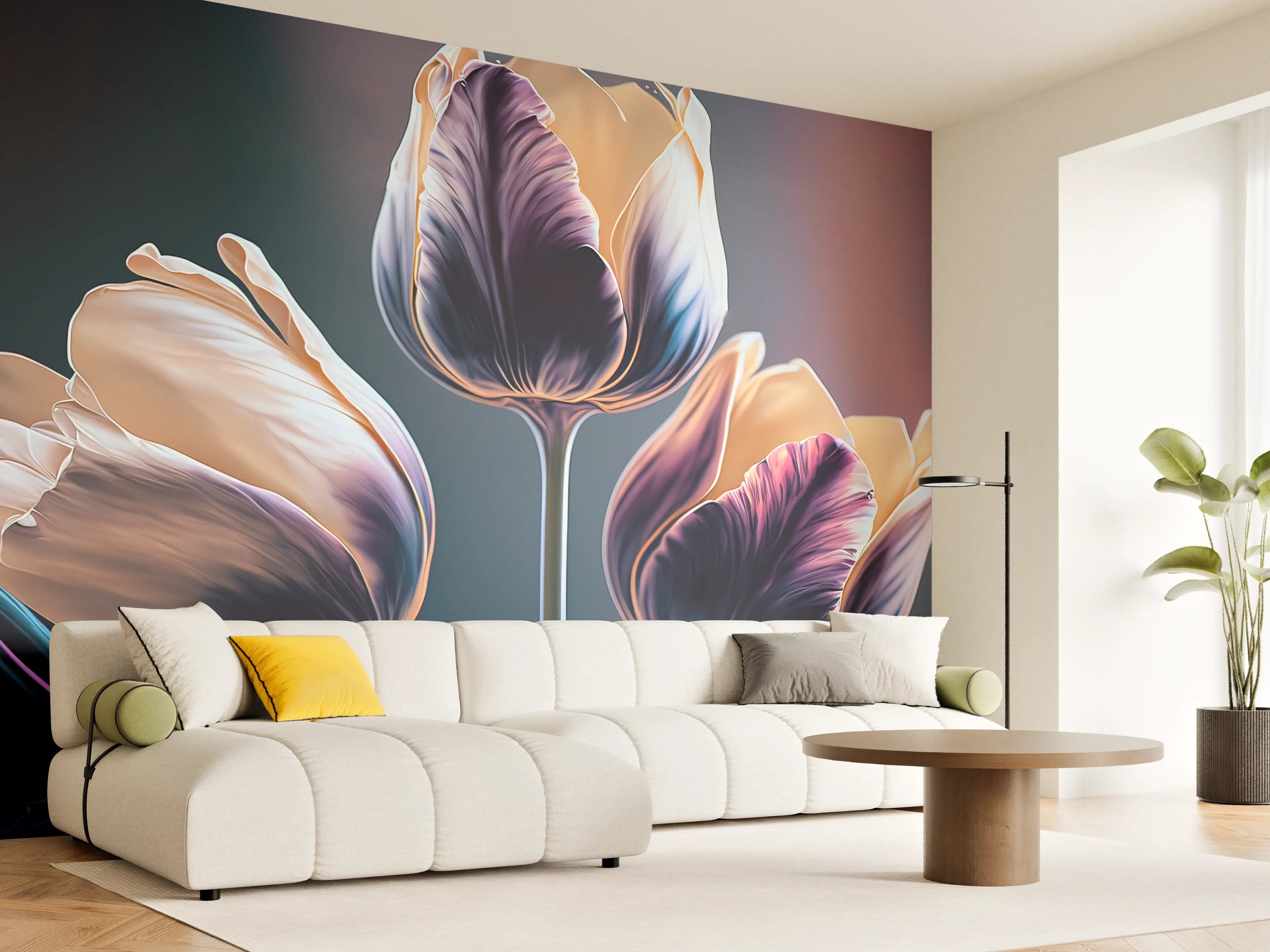 Wandverkleidung Wohnzimmer - Farbenfrohe Tulpen in Nahaufnahme