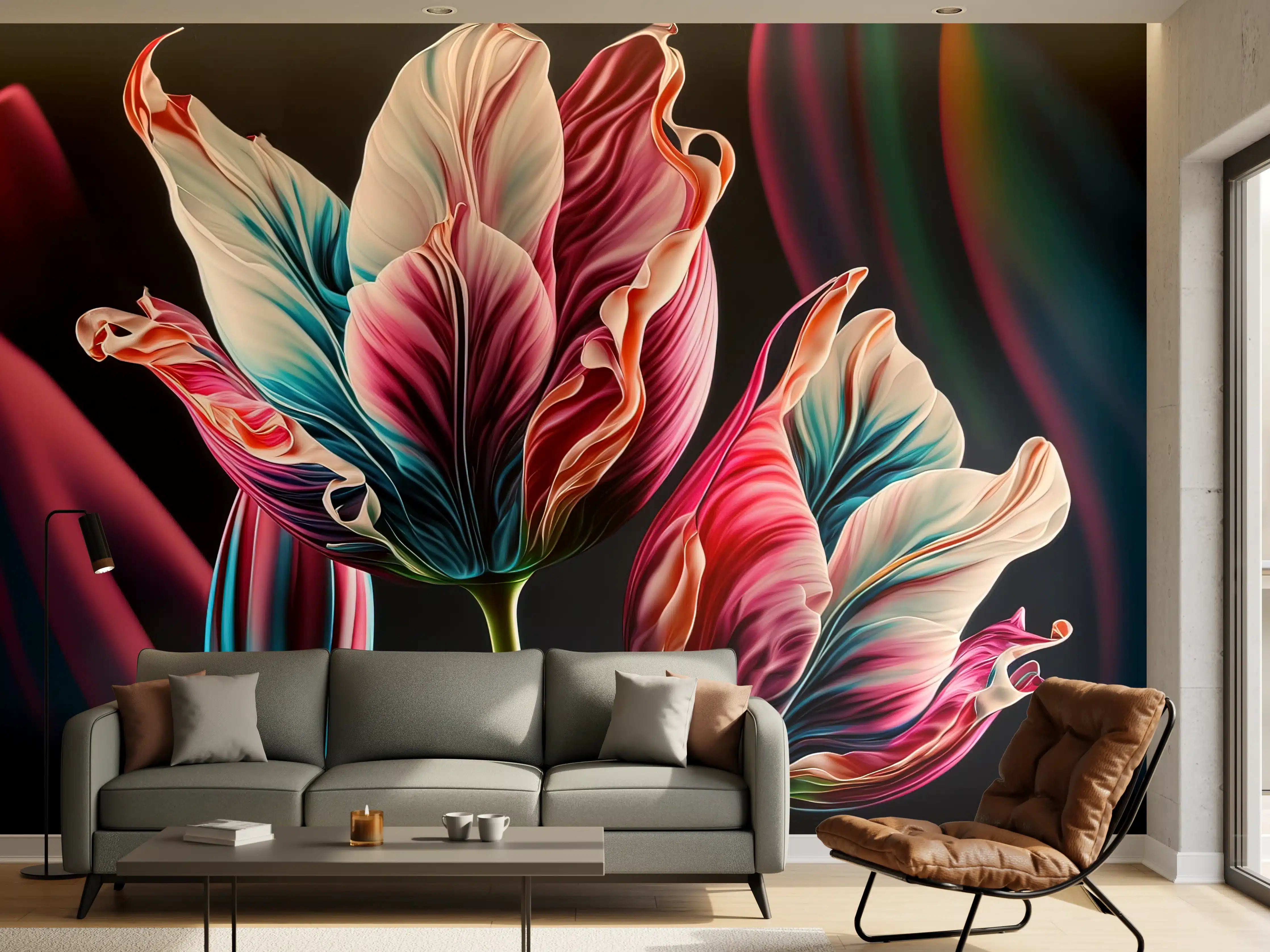 Wandverkleidung Wohnzimmer - Farbenfrohe Tulpen in lebendiger Kunst-Optik