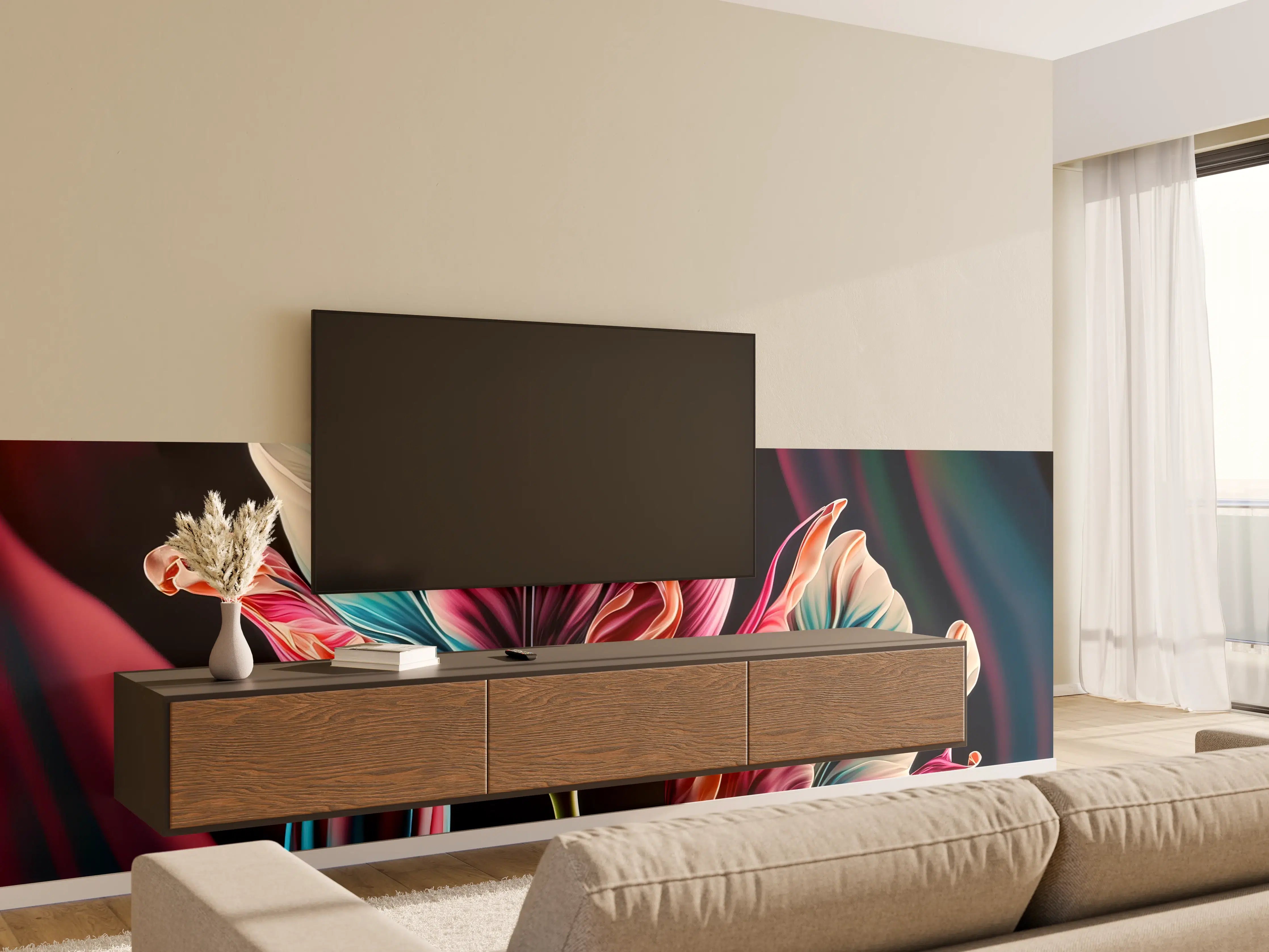 Wandverkleidung Wohnzimmer - Farbenfrohe Tulpen in lebendiger Kunst-Optik
