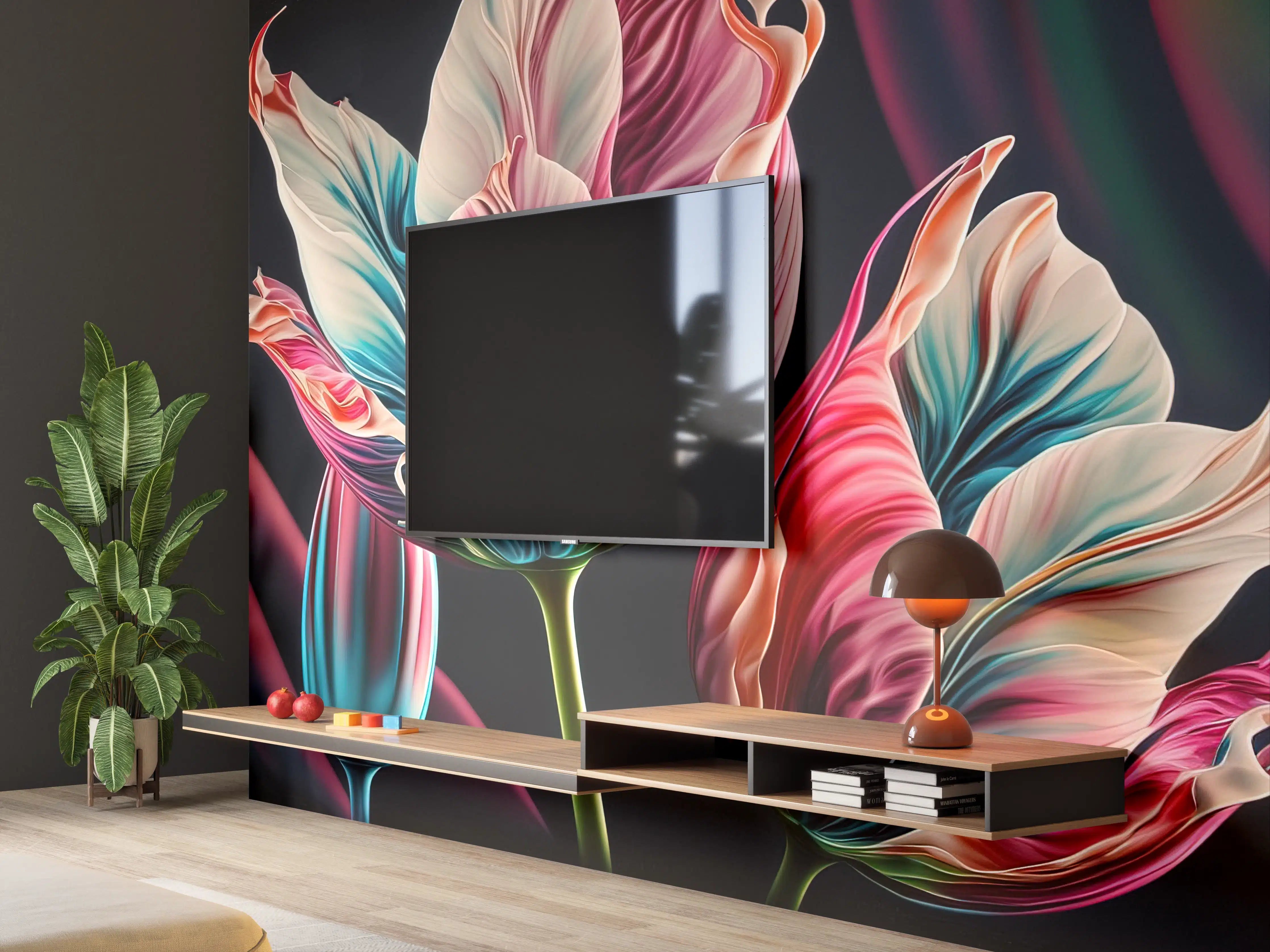 Wandverkleidung Wohnzimmer - Farbenfrohe Tulpen in lebendiger Kunst-Optik