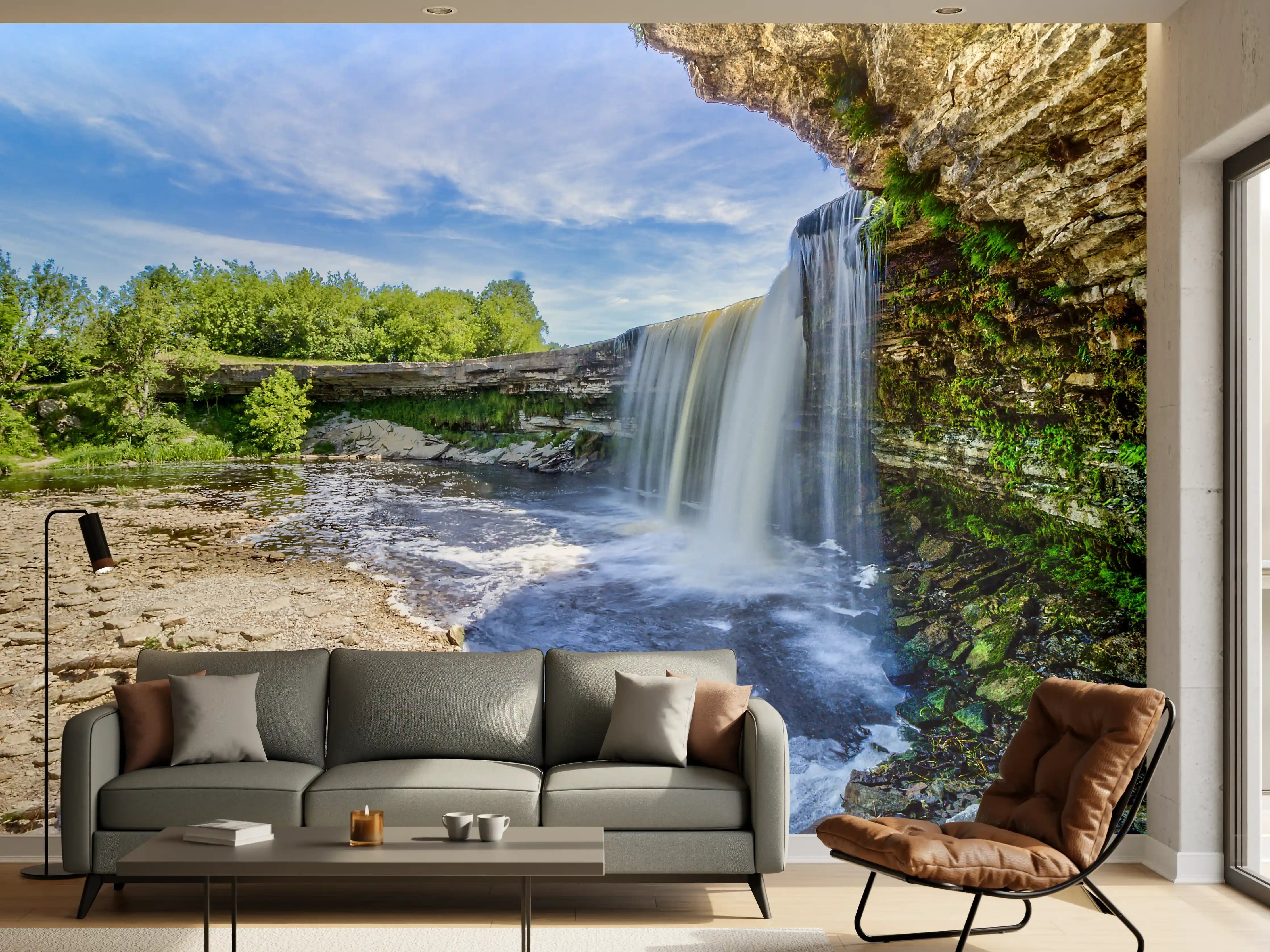 Wandverkleidung Wohnzimmer - Farbenfrohe Wasserfall-Landschaft in der Natur