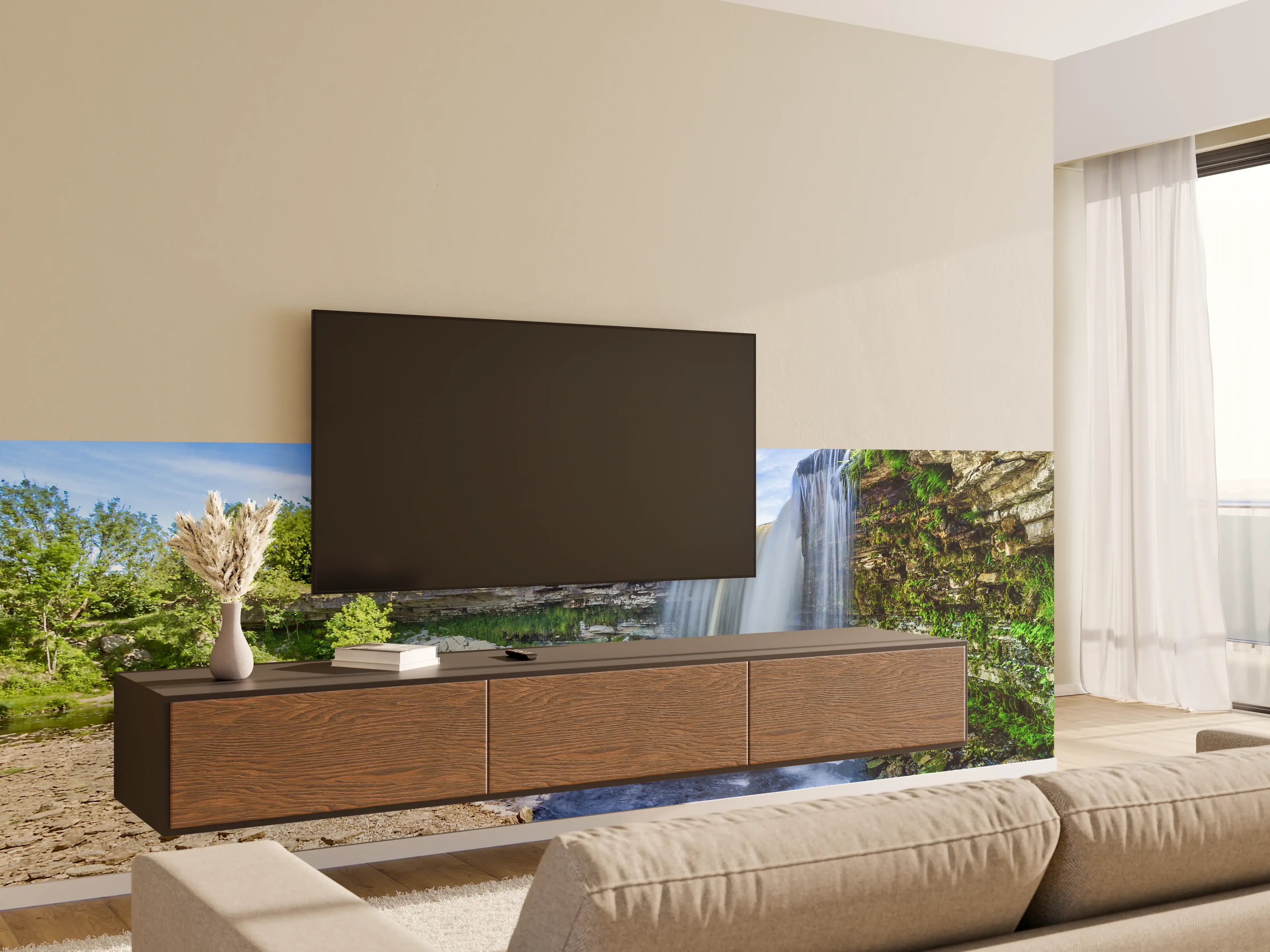 Wandverkleidung Wohnzimmer - Farbenfrohe Wasserfall-Landschaft in der Natur