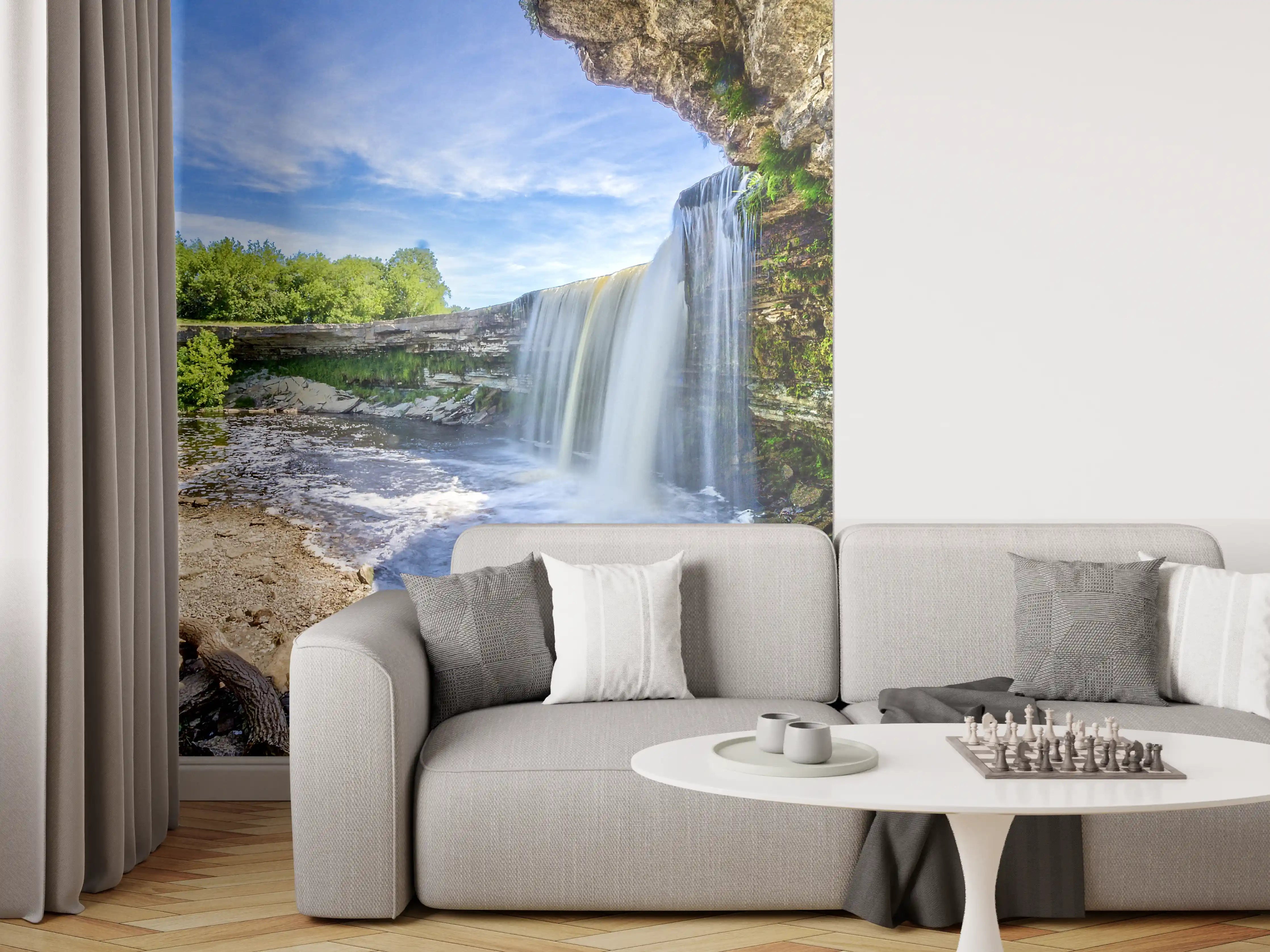 Wandverkleidung Wohnzimmer - Farbenfrohe Wasserfall-Landschaft in der Natur