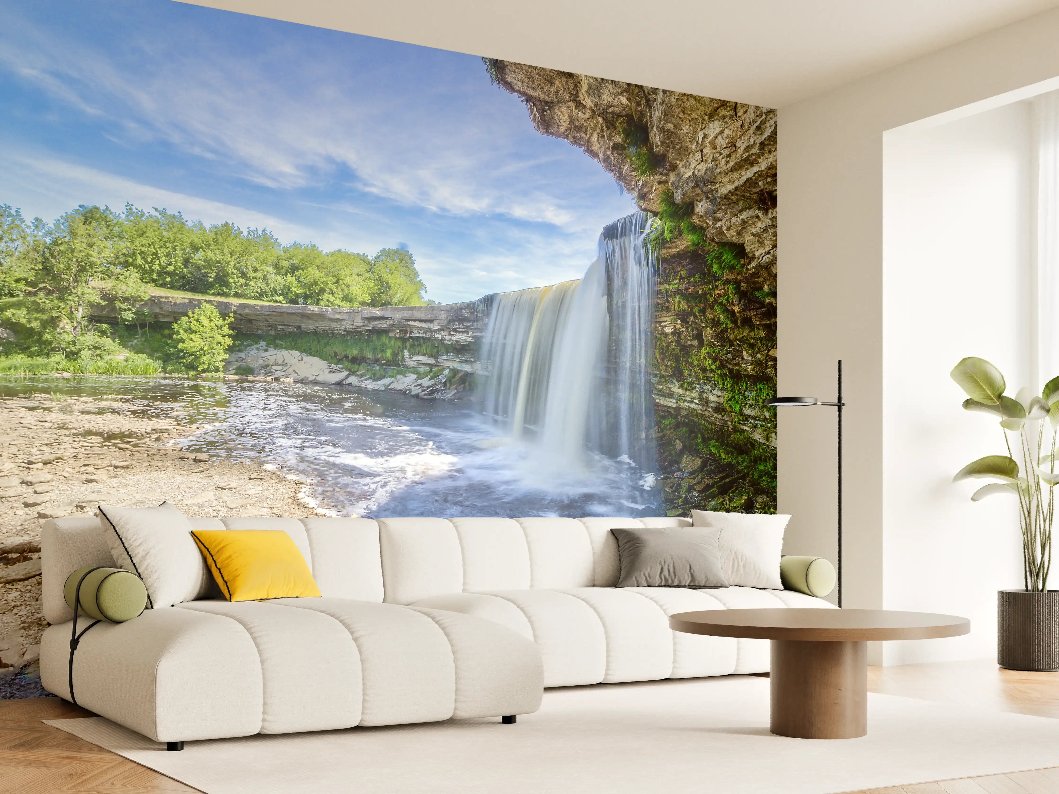 Wandverkleidung Wohnzimmer - Farbenfrohe Wasserfall-Landschaft in der Natur
