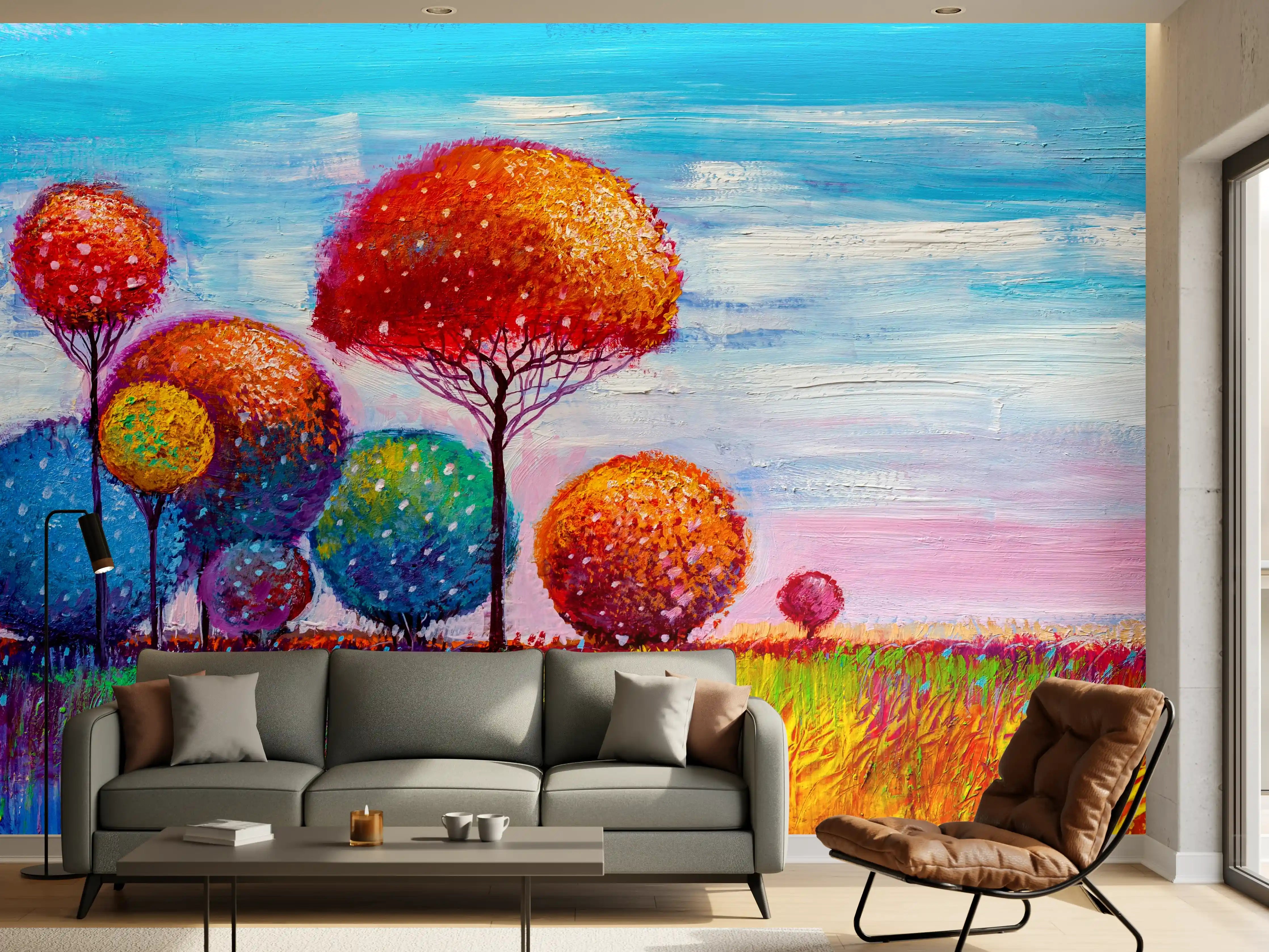 Wandverkleidung Wohnzimmer - Farbenfrohe bunte Baumlandschaft