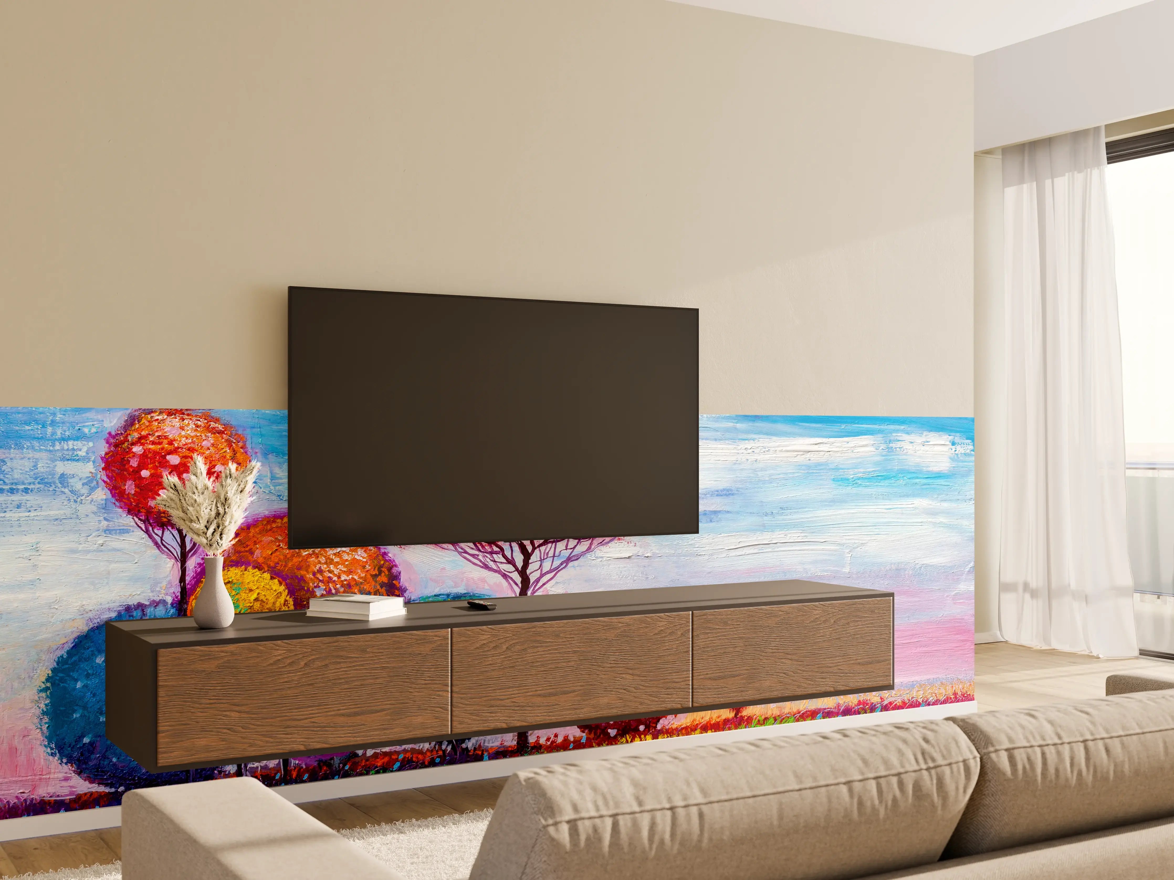 Wandverkleidung Wohnzimmer - Farbenfrohe bunte Baumlandschaft