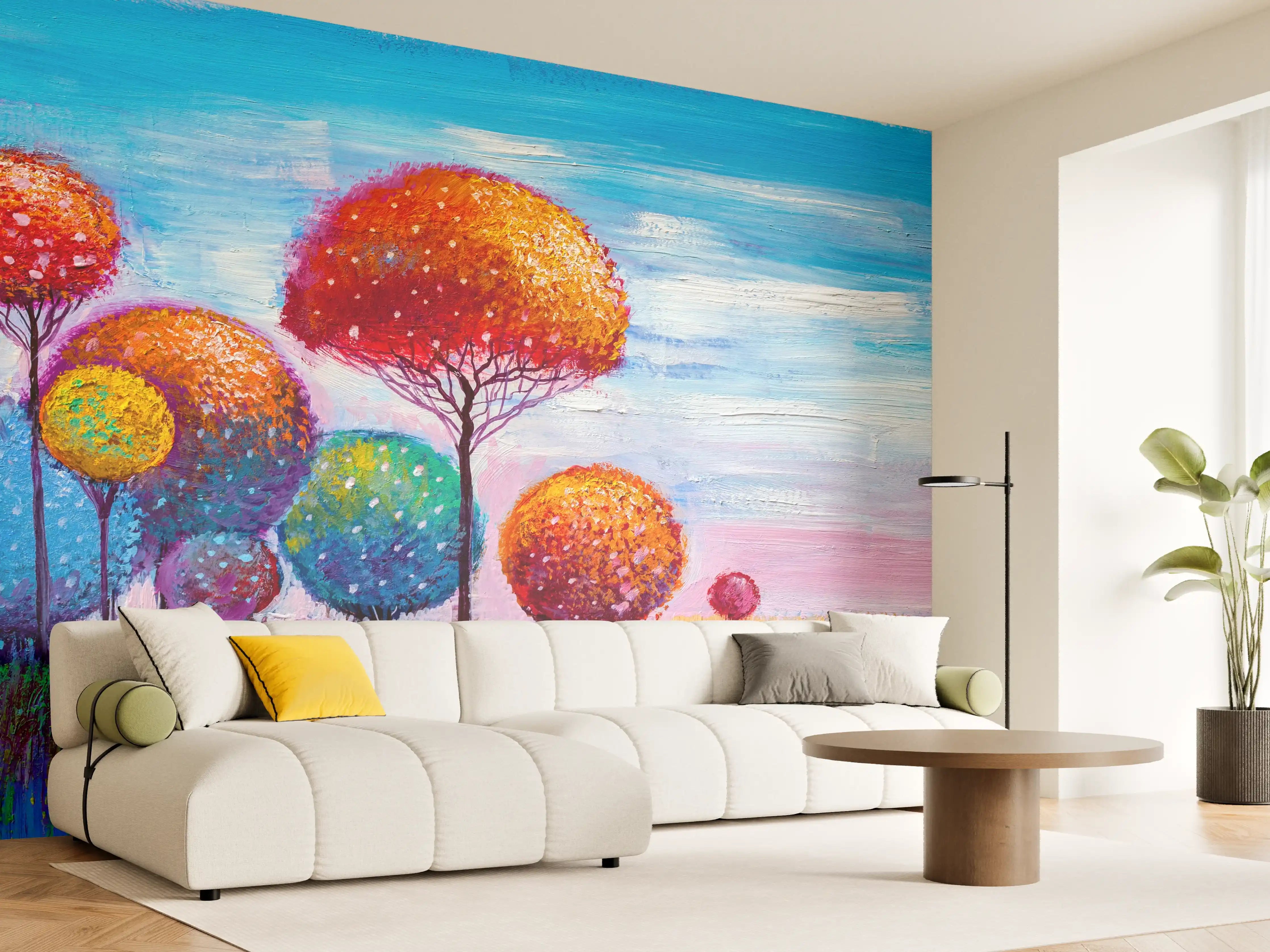 Wandverkleidung Wohnzimmer - Farbenfrohe bunte Baumlandschaft