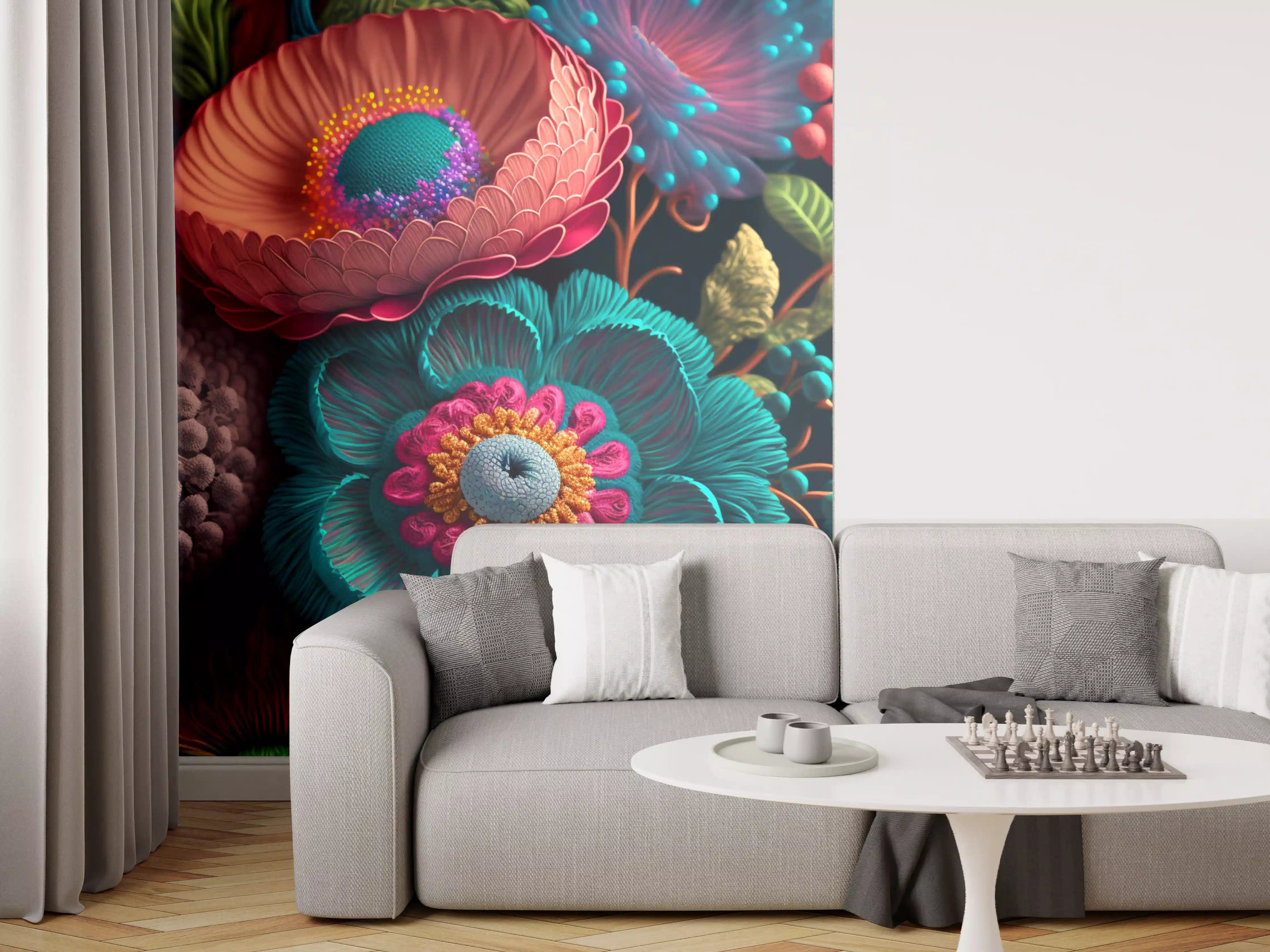 Wandverkleidung Wohnzimmer - Farbenfrohe, detaillierte Blumendarstellung