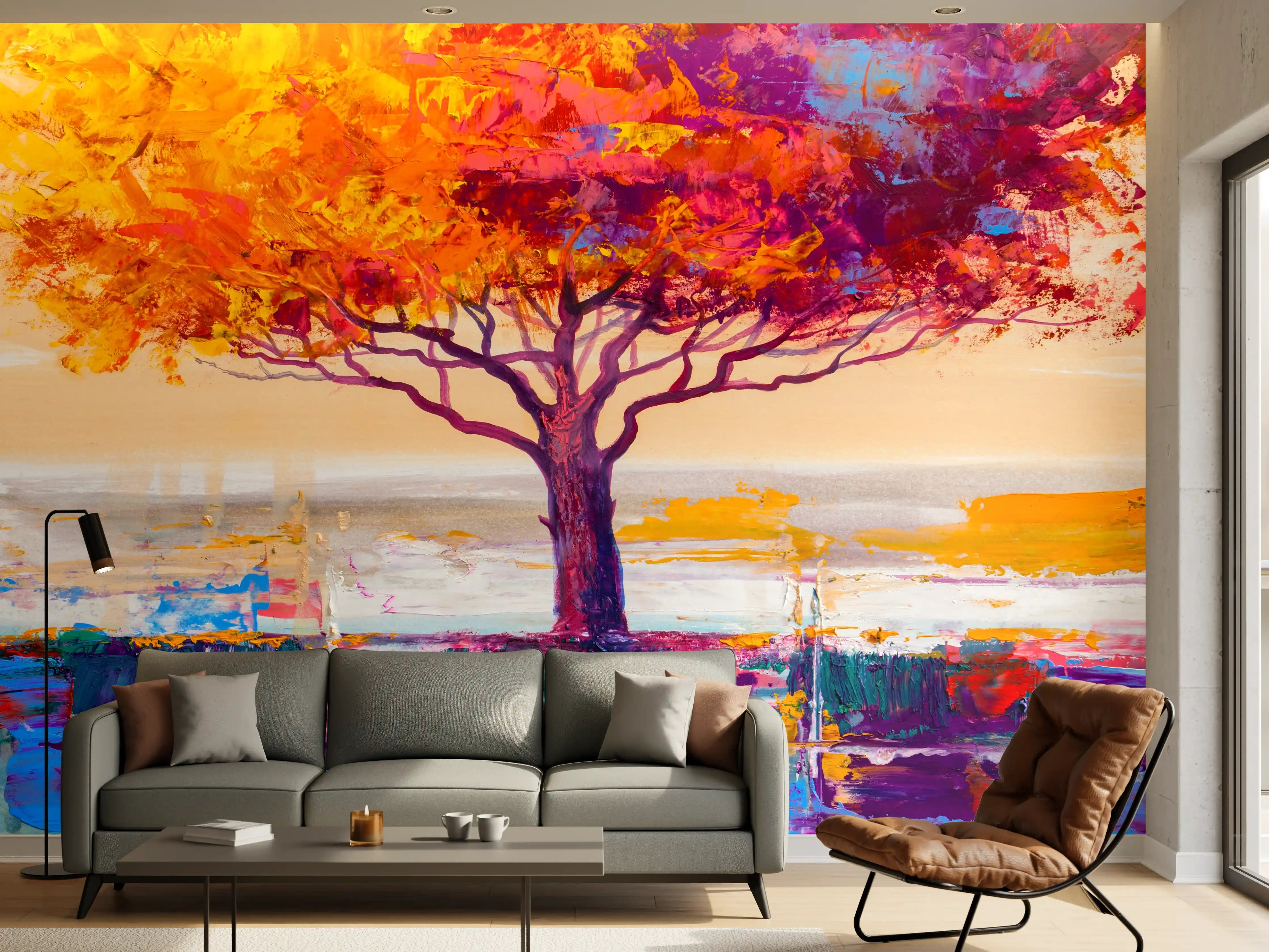 Wandverkleidung Wohnzimmer - Farbenfroher Baum im Herbst
