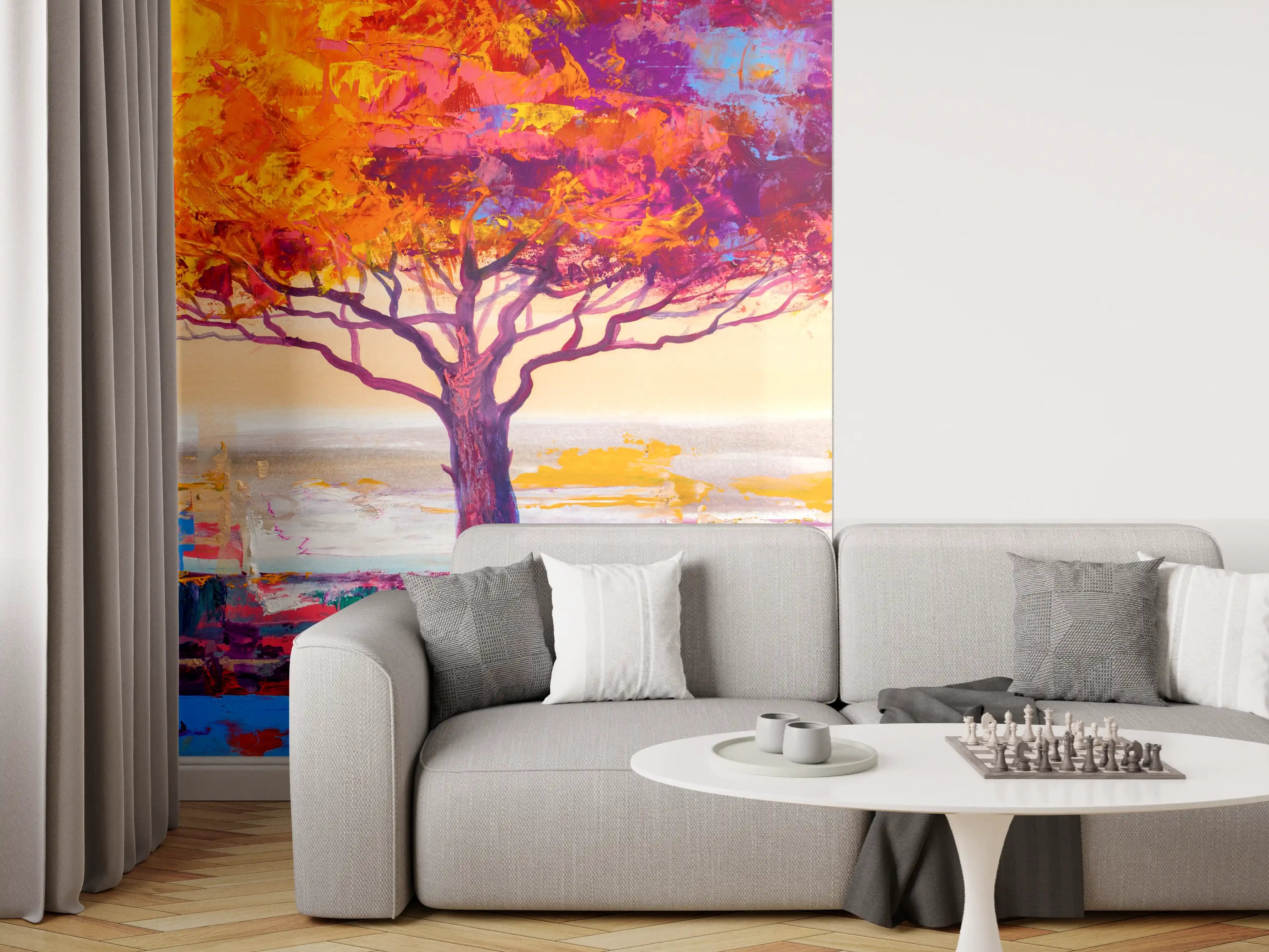 Wandverkleidung Wohnzimmer - Farbenfroher Baum im Herbst