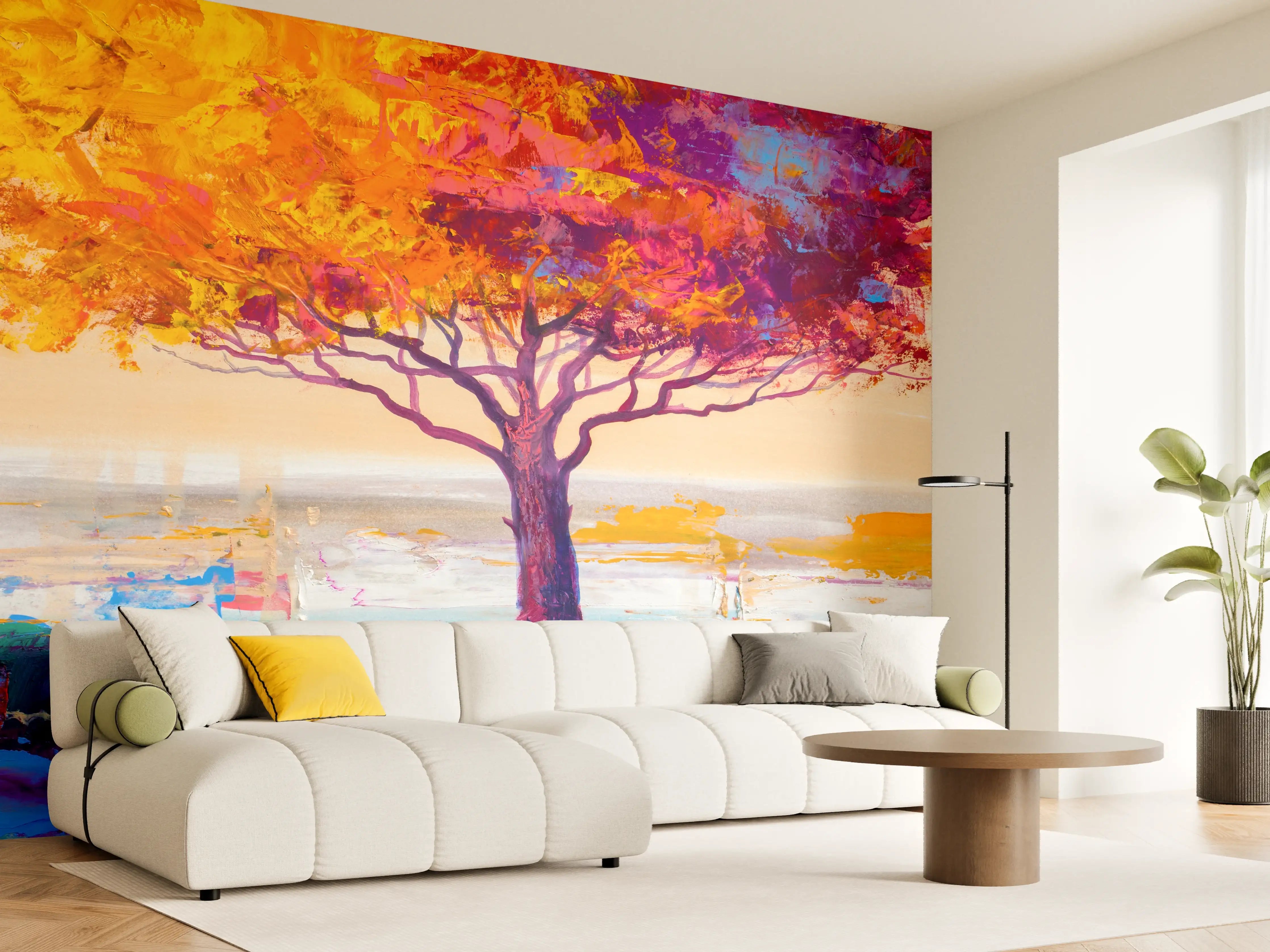 Wandverkleidung Wohnzimmer - Farbenfroher Baum im Herbst