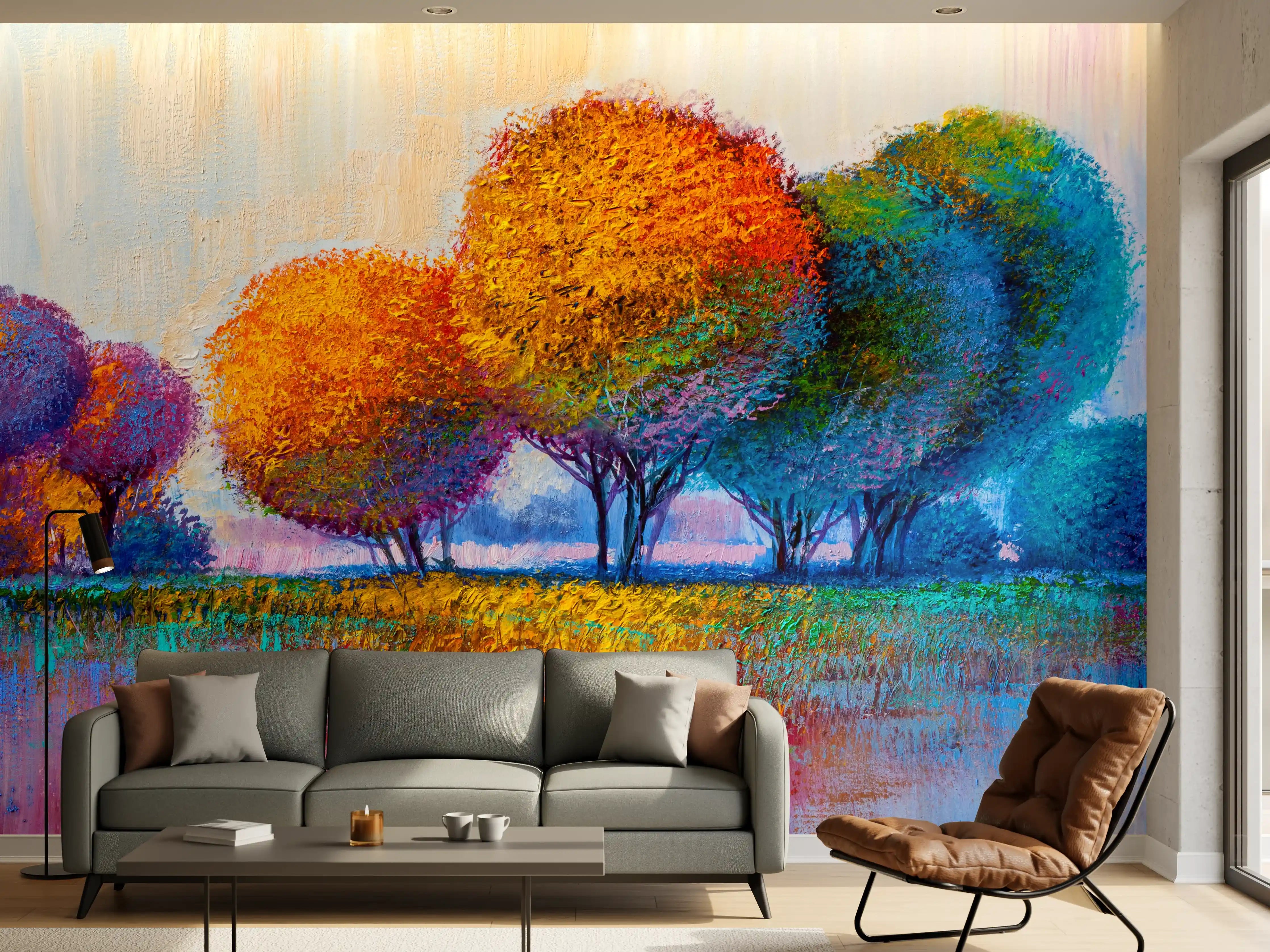 Wandverkleidung Wohnzimmer - Farbenfroher Baumpark impressionistisch