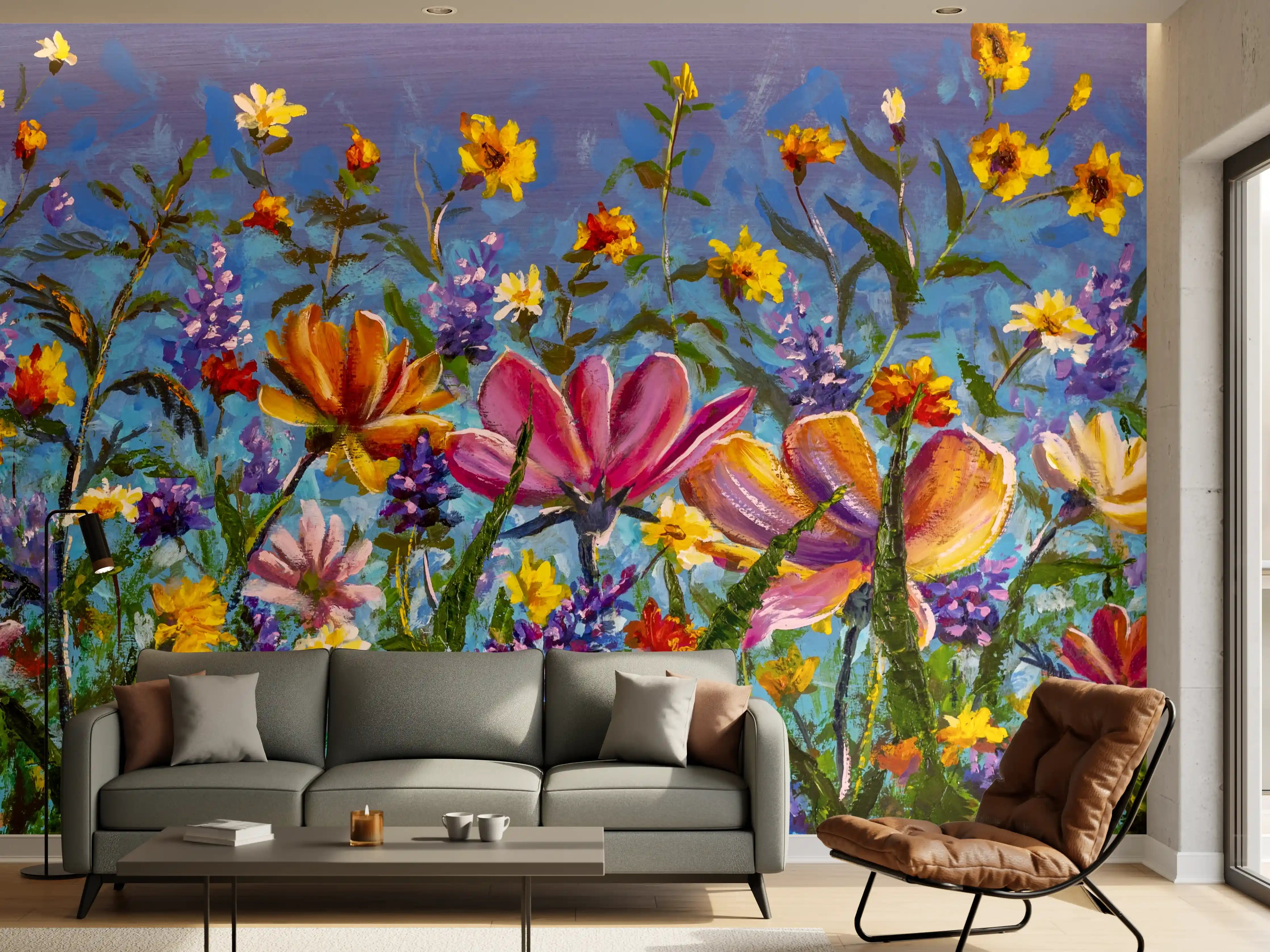 Wandverkleidung Wohnzimmer - Farbenfroher Blumenstrauß - Original Gemälde