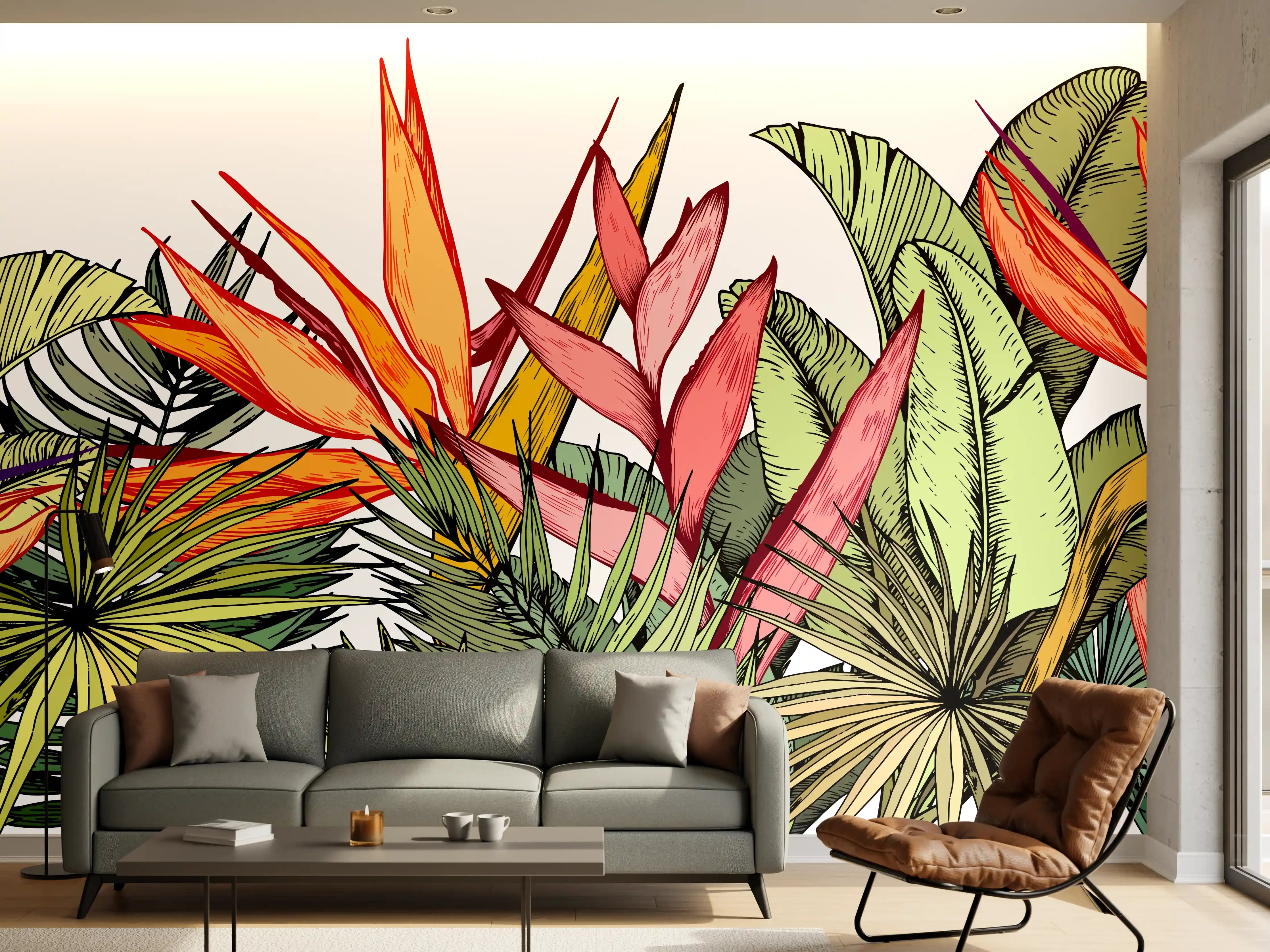 Wandverkleidung Wohnzimmer - Farbenfroher Pflanzen-Print