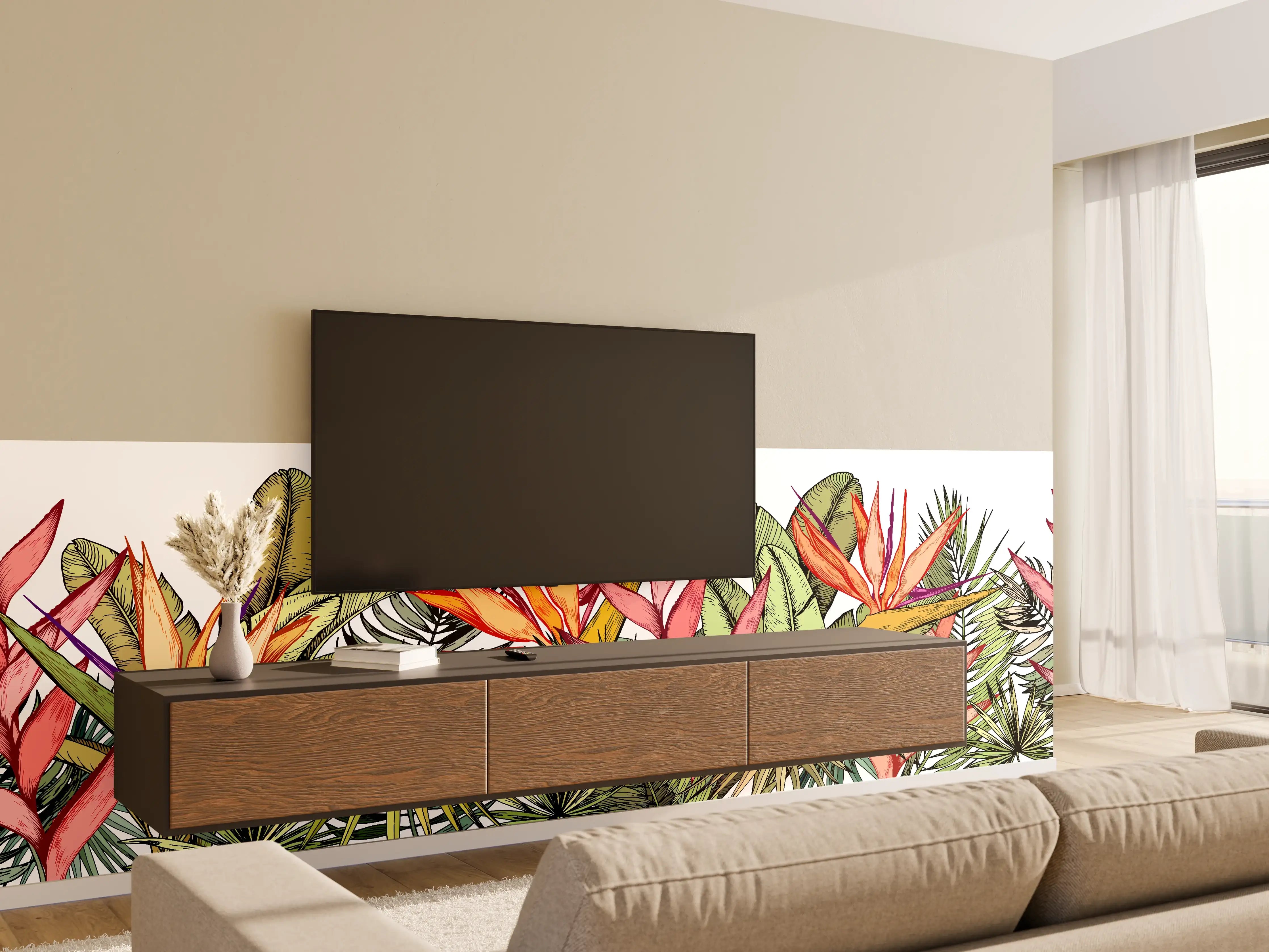 Wandverkleidung Wohnzimmer - Farbenfroher Pflanzen-Print