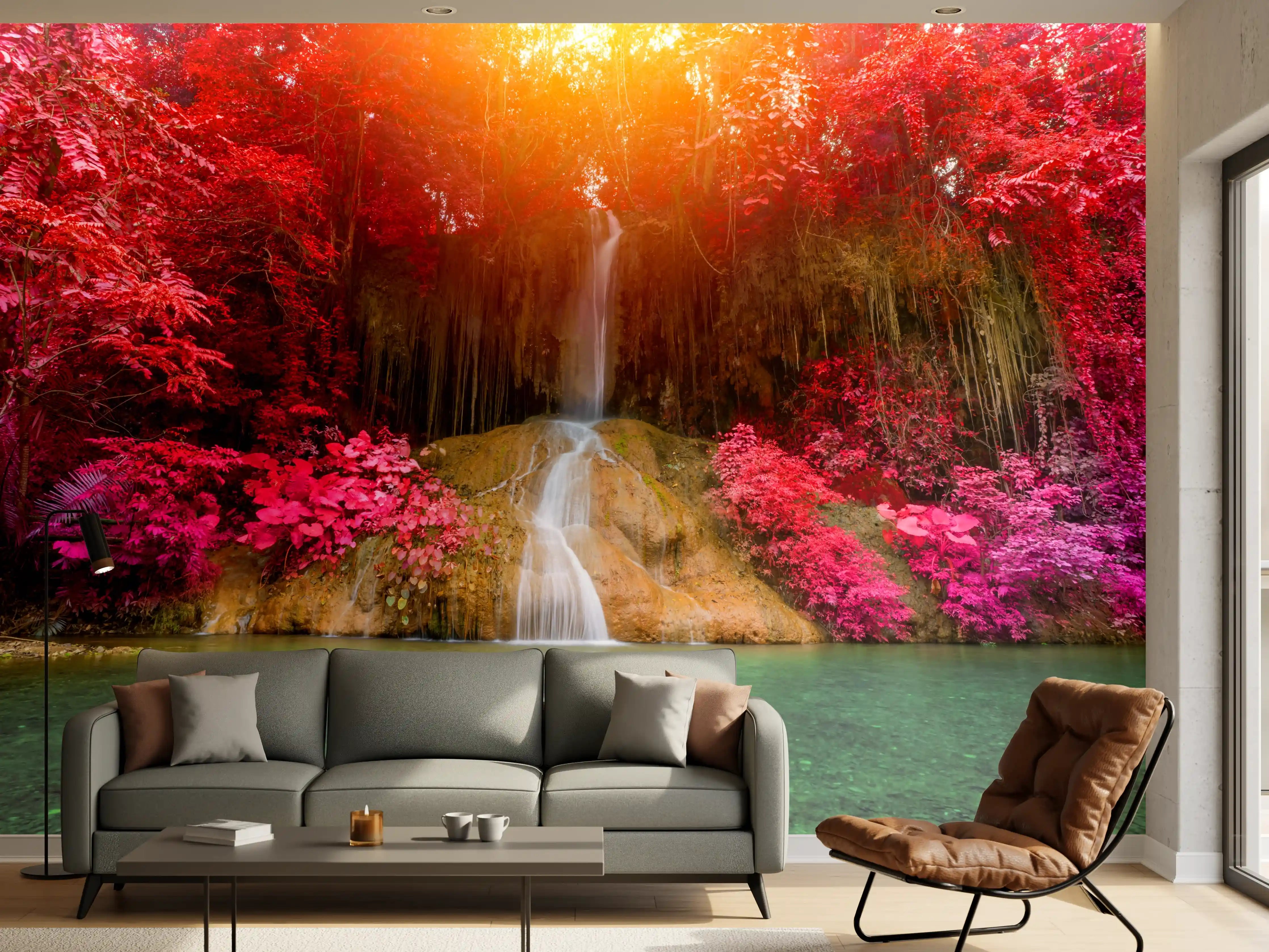 Wandverkleidung Wohnzimmer - Farbenfroher Wasserfall im Herbstwald