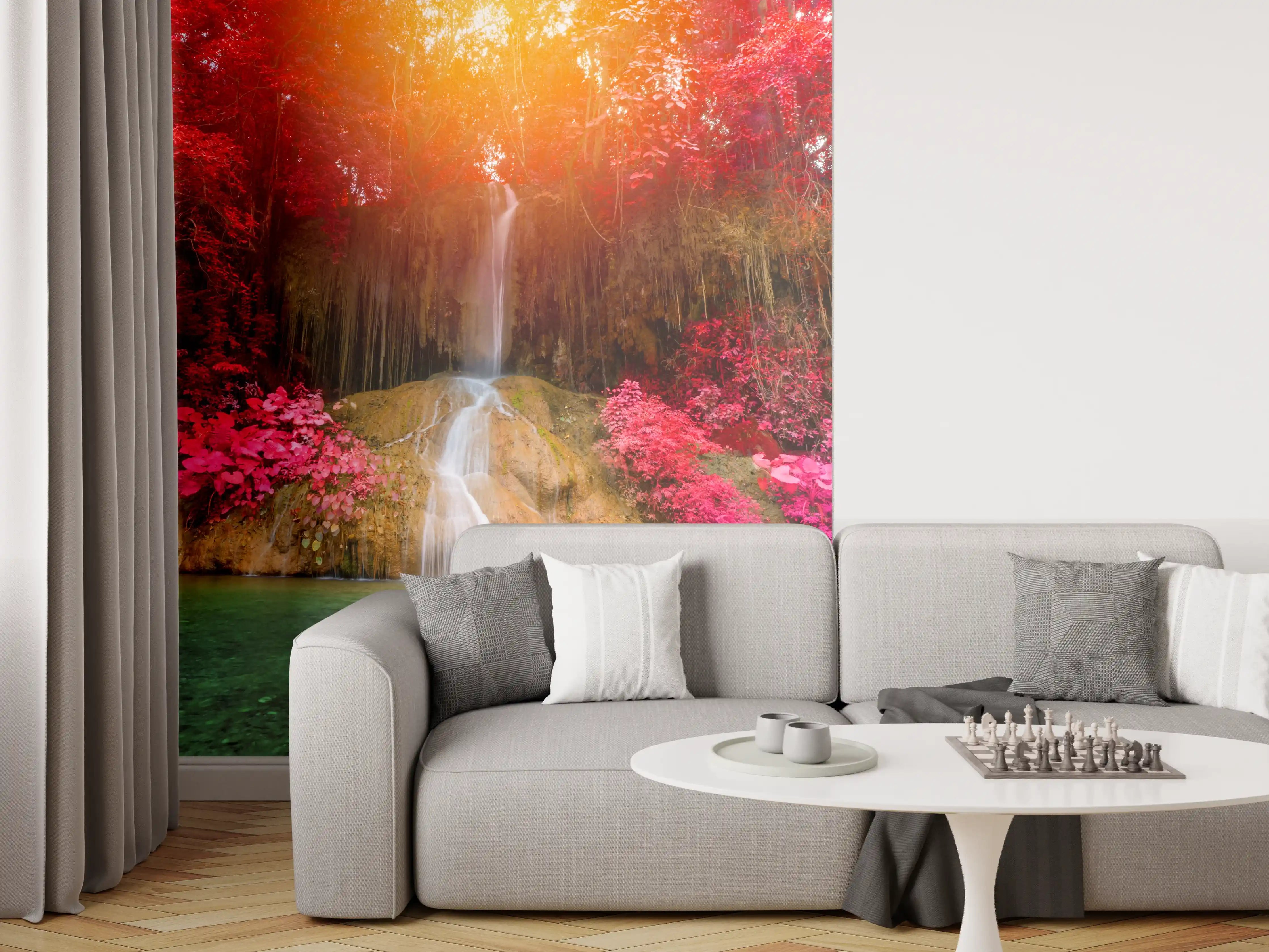 Wandverkleidung Wohnzimmer - Farbenfroher Wasserfall im Herbstwald