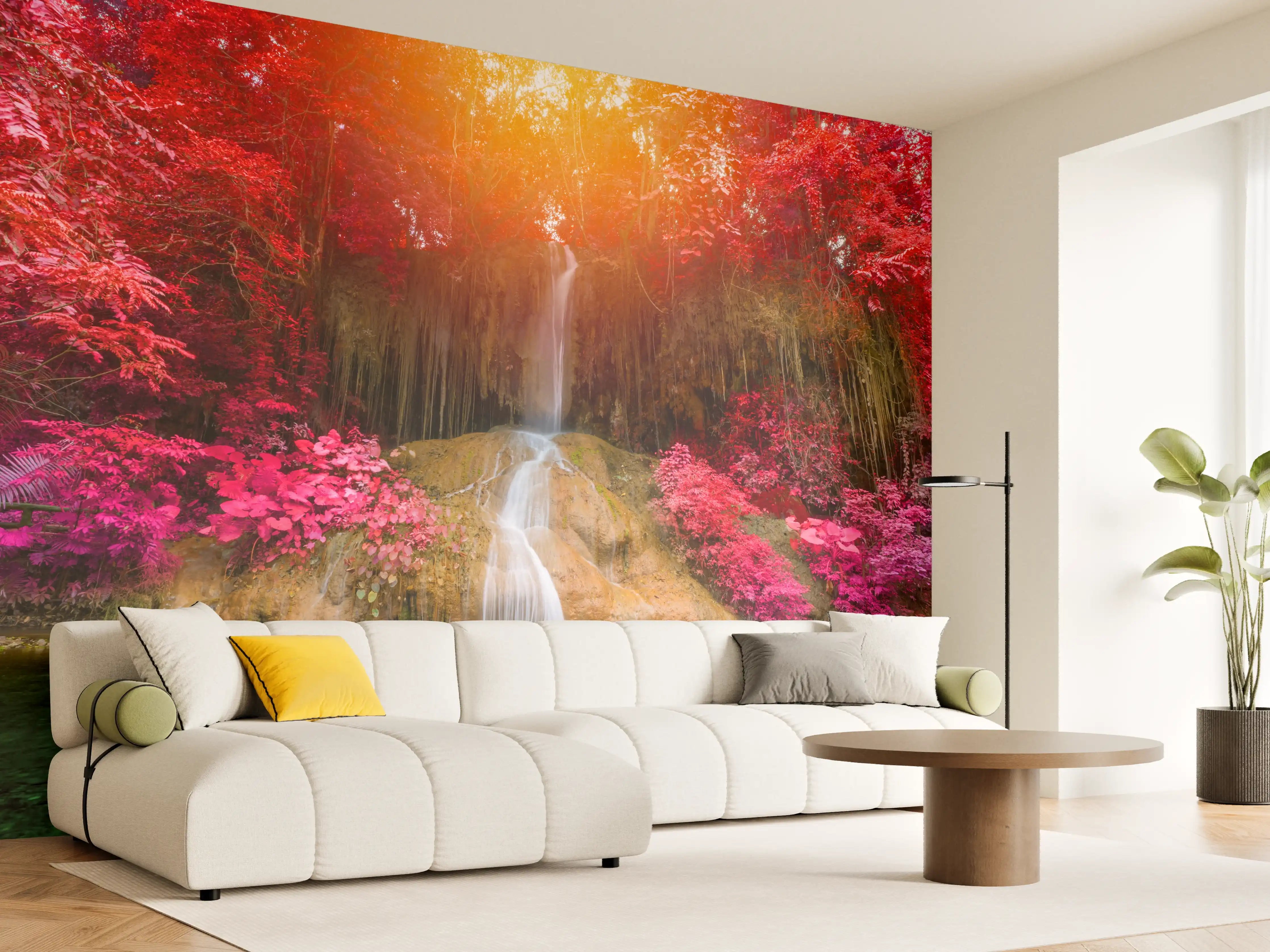 Wandverkleidung Wohnzimmer - Farbenfroher Wasserfall im Herbstwald