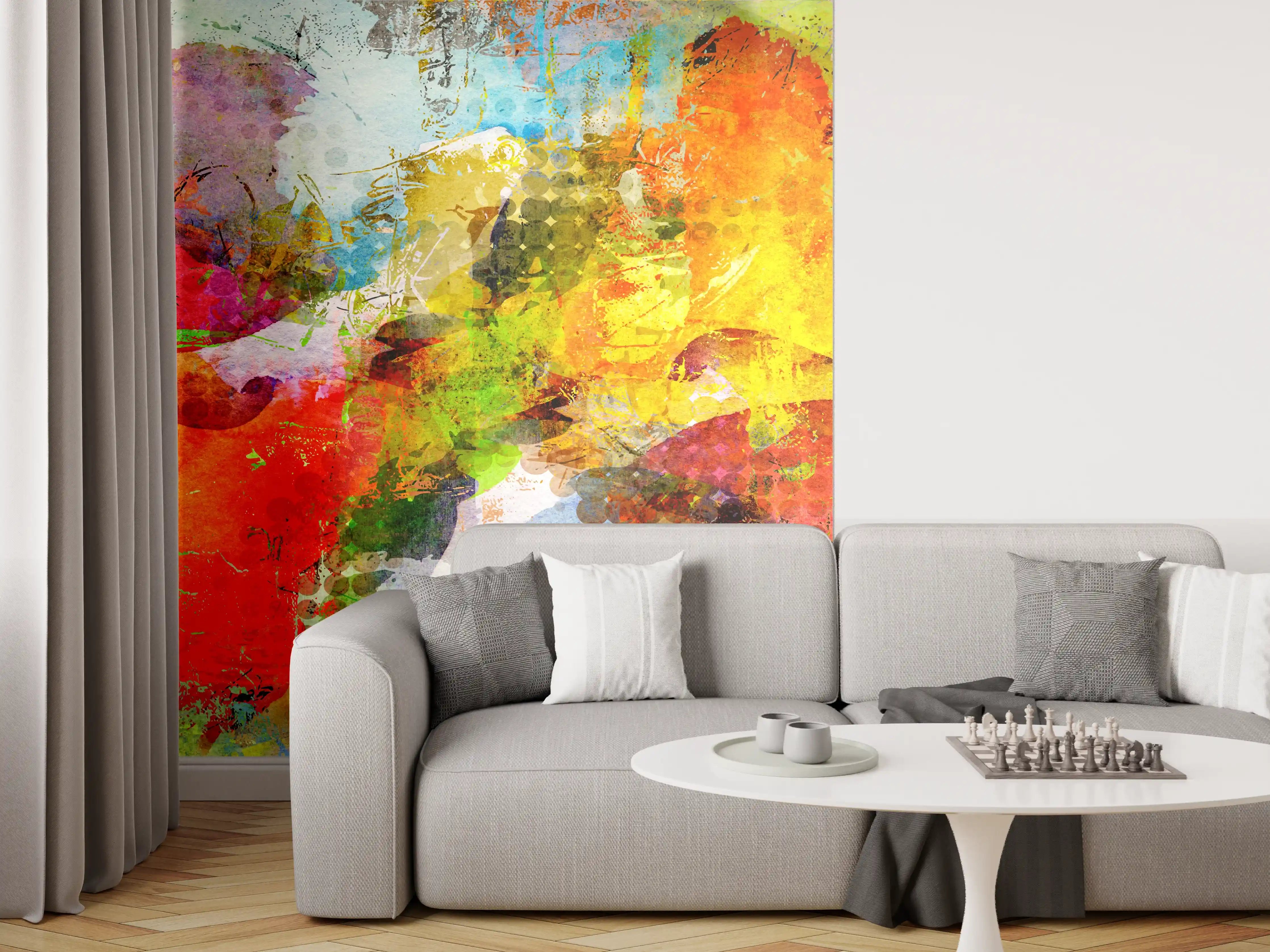 Wandverkleidung Wohnzimmer - Farbenfrohes Abstraktbild voller Energie