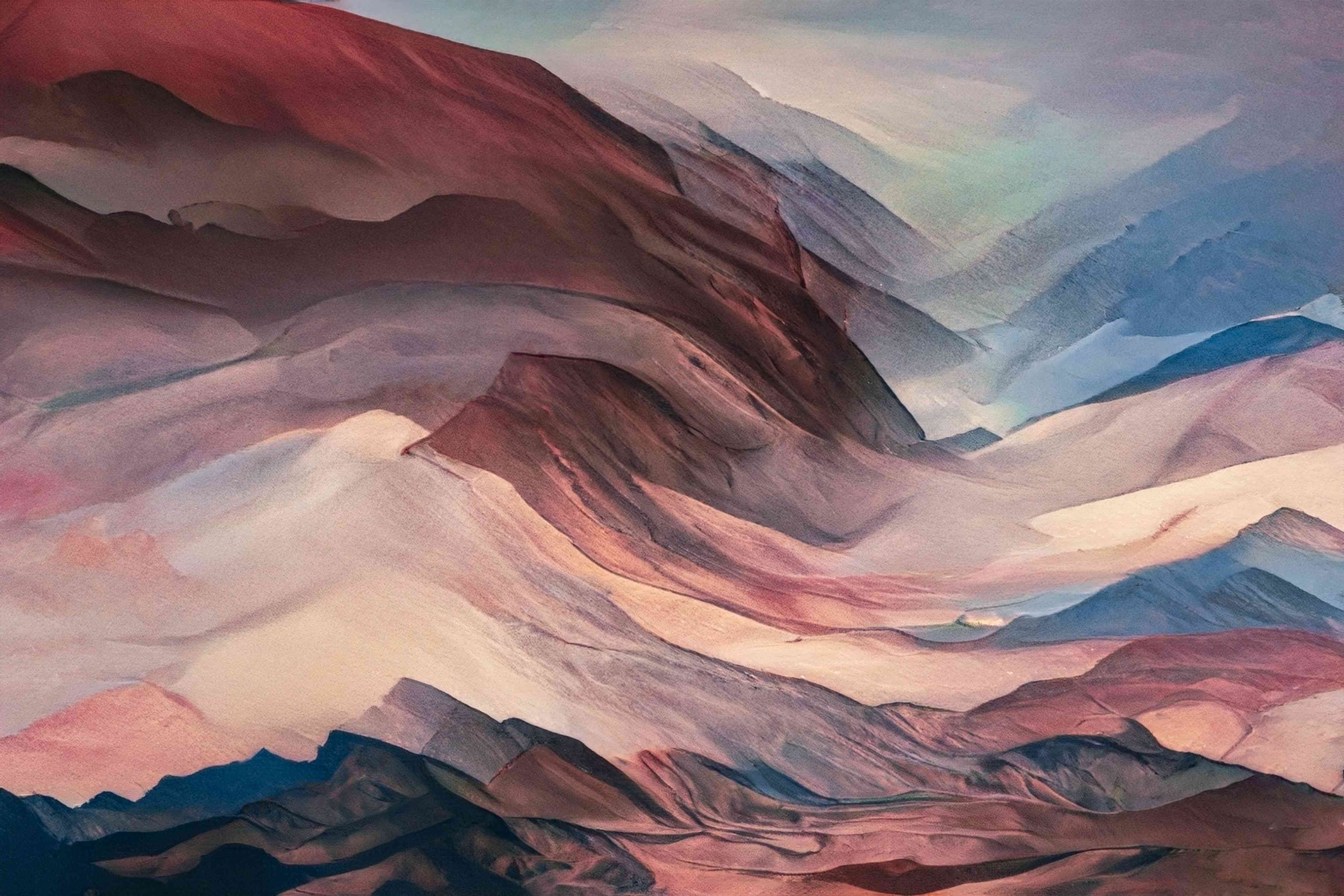 Wandverkleidung Wohnzimmer-Farbenfrohes Bergpanorama in Aquarelltechnik