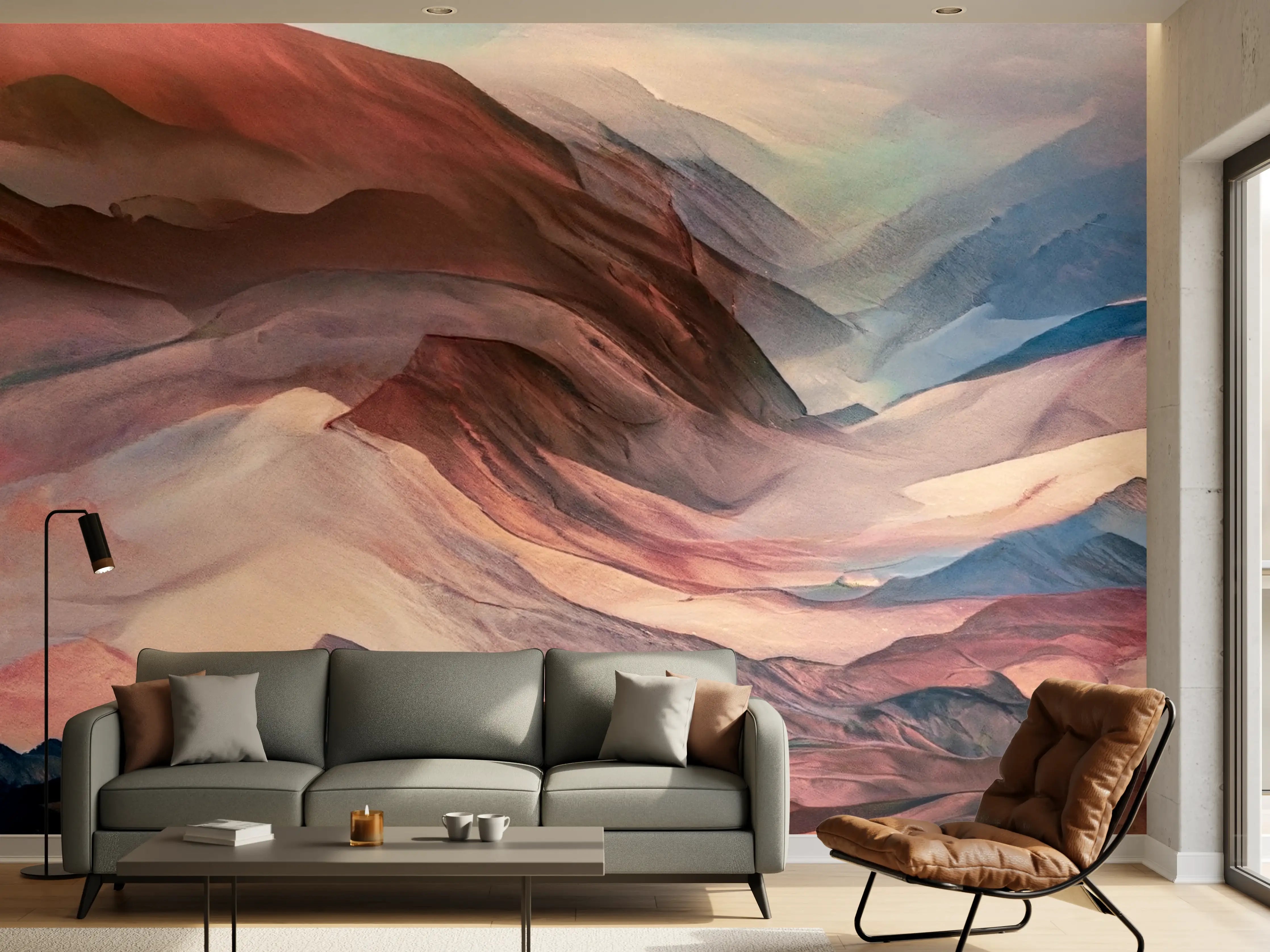 Wandverkleidung Wohnzimmer - Farbenfrohes Bergpanorama in Aquarelltechnik