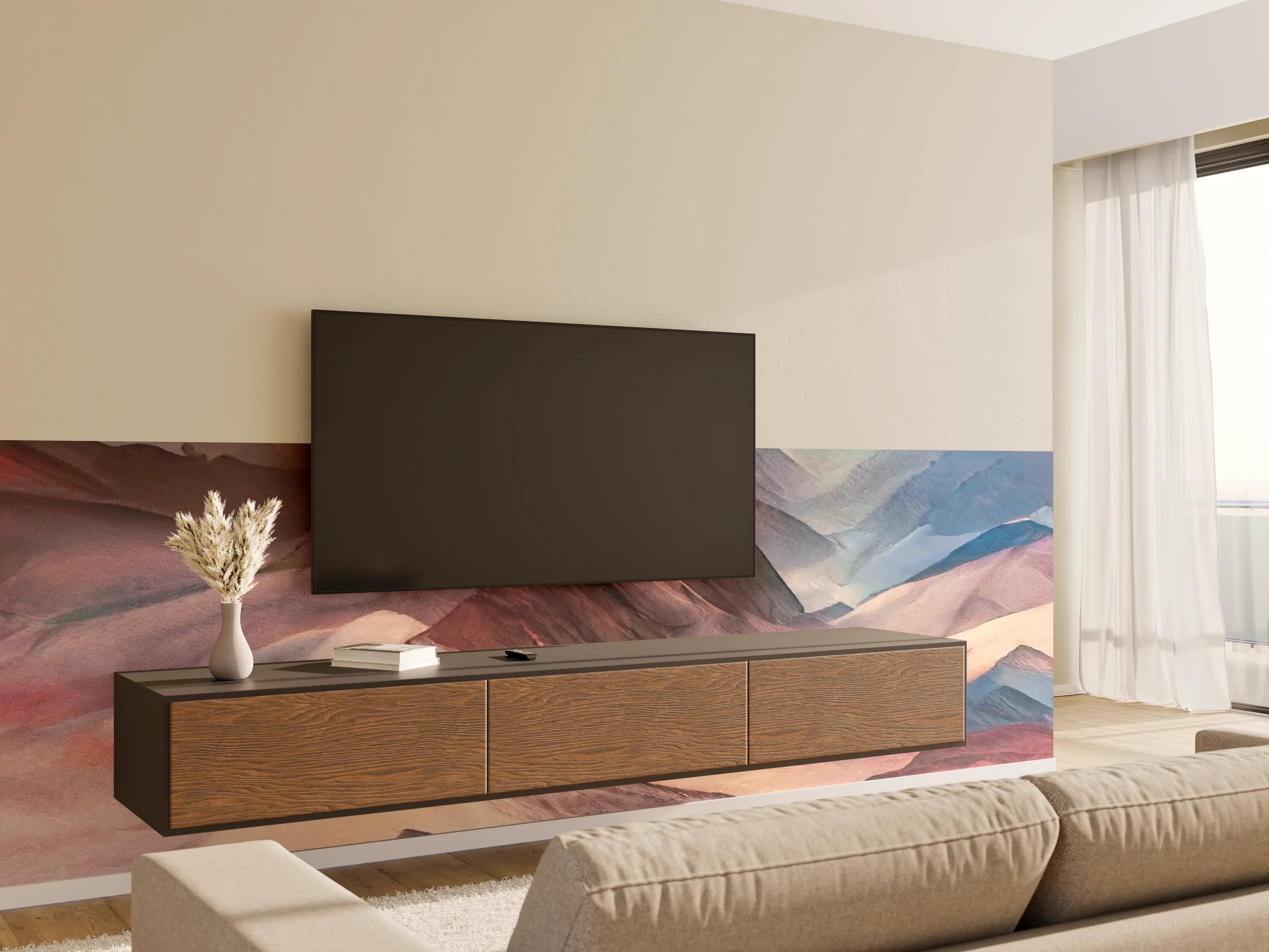 Wandverkleidung Wohnzimmer - Farbenfrohes Bergpanorama in Aquarelltechnik