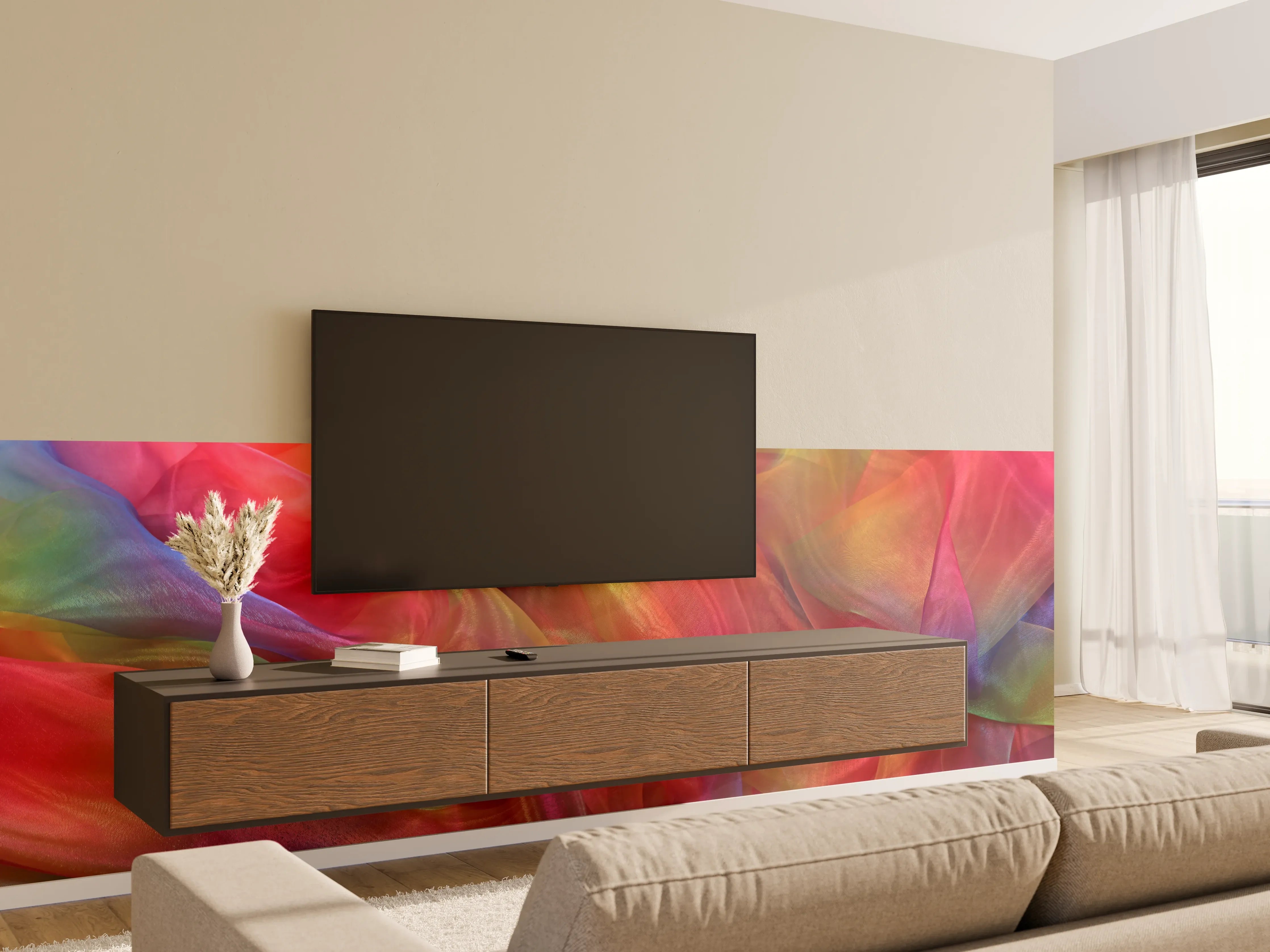 Wandverkleidung Wohnzimmer - Farbenfrohes Gewebe in Bewegung