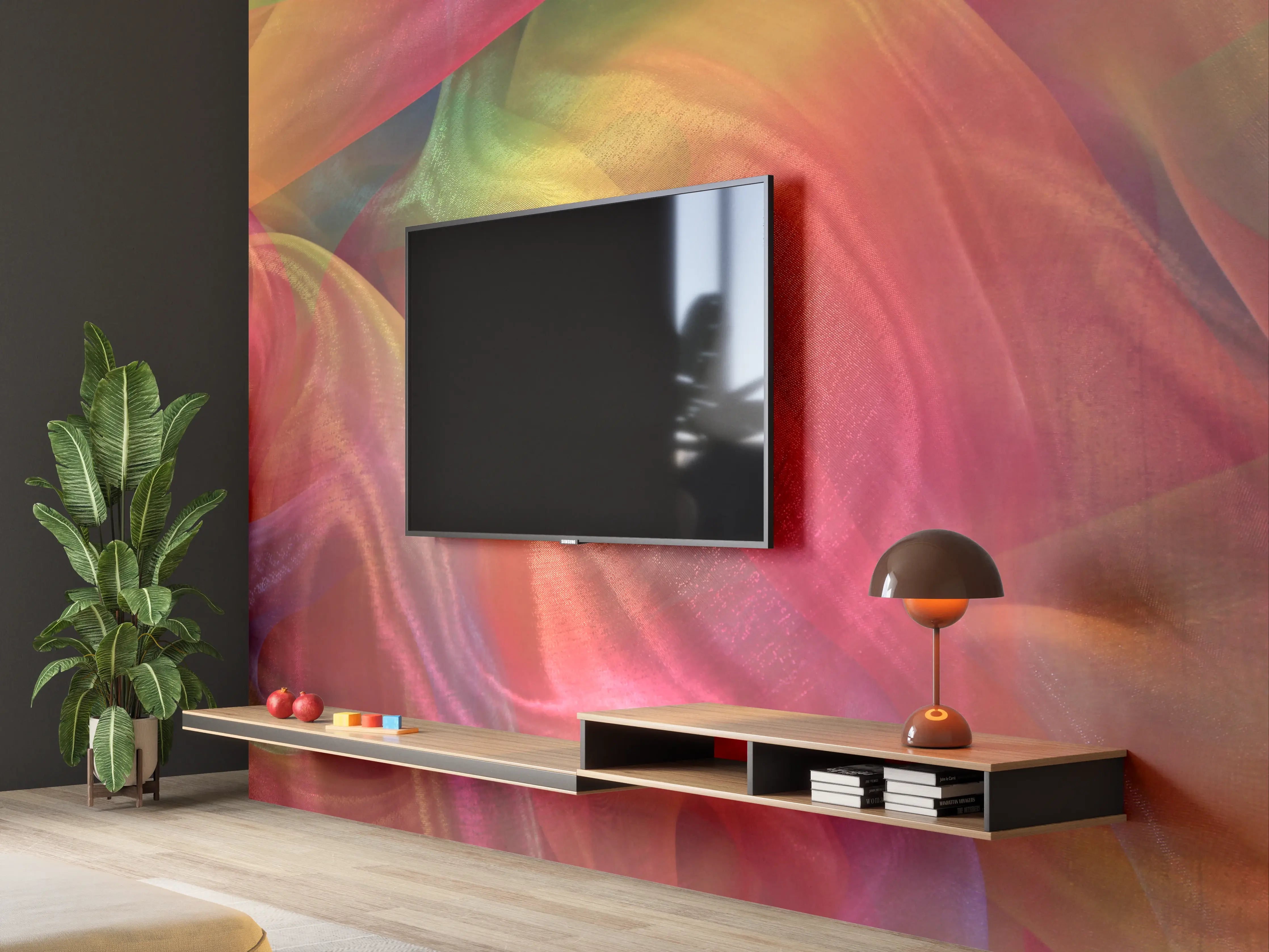 Wandverkleidung Wohnzimmer - Farbenfrohes Gewebe in Bewegung