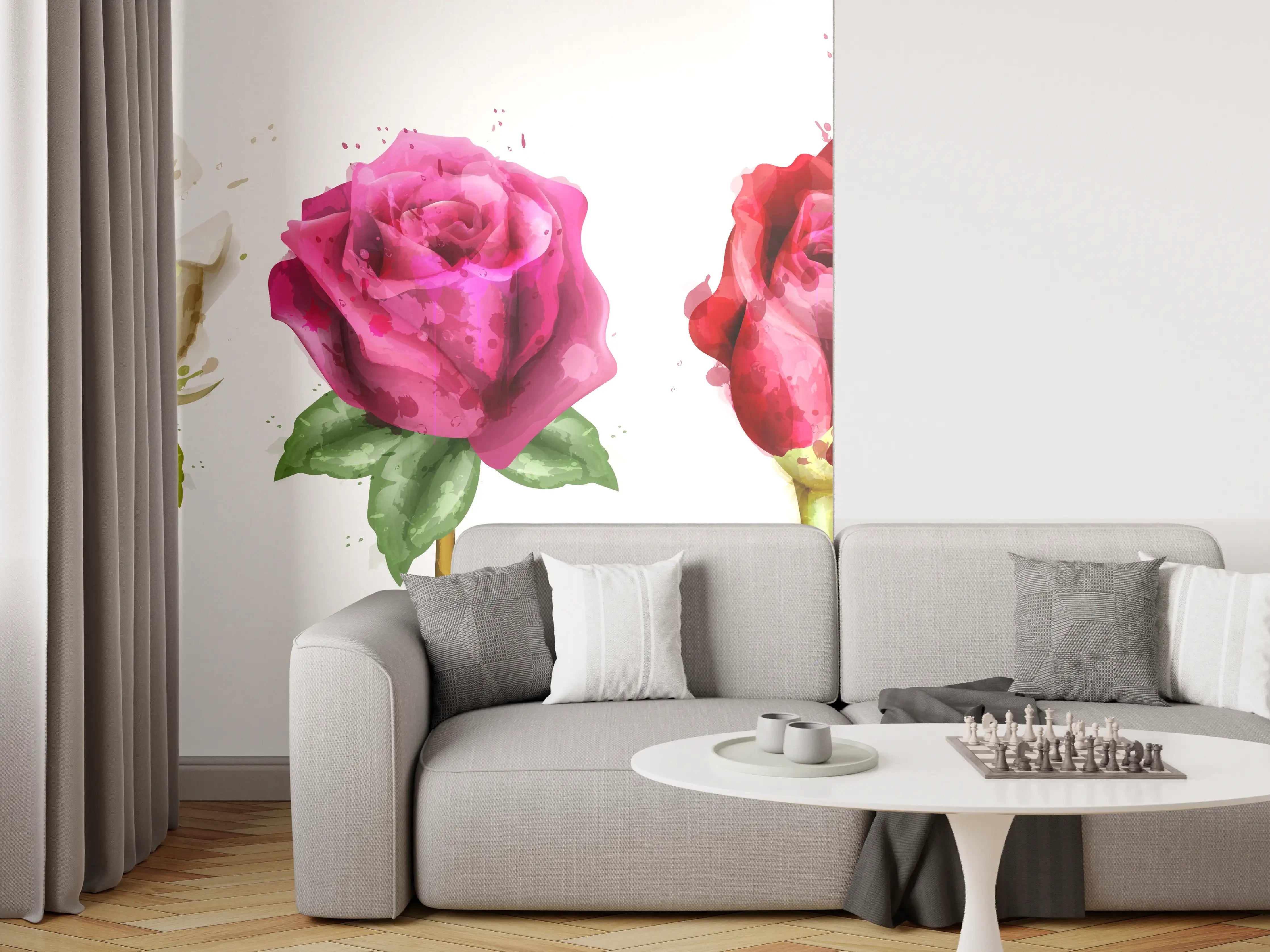 Wandverkleidung Wohnzimmer - Farbenpracht Rosen Tropfen