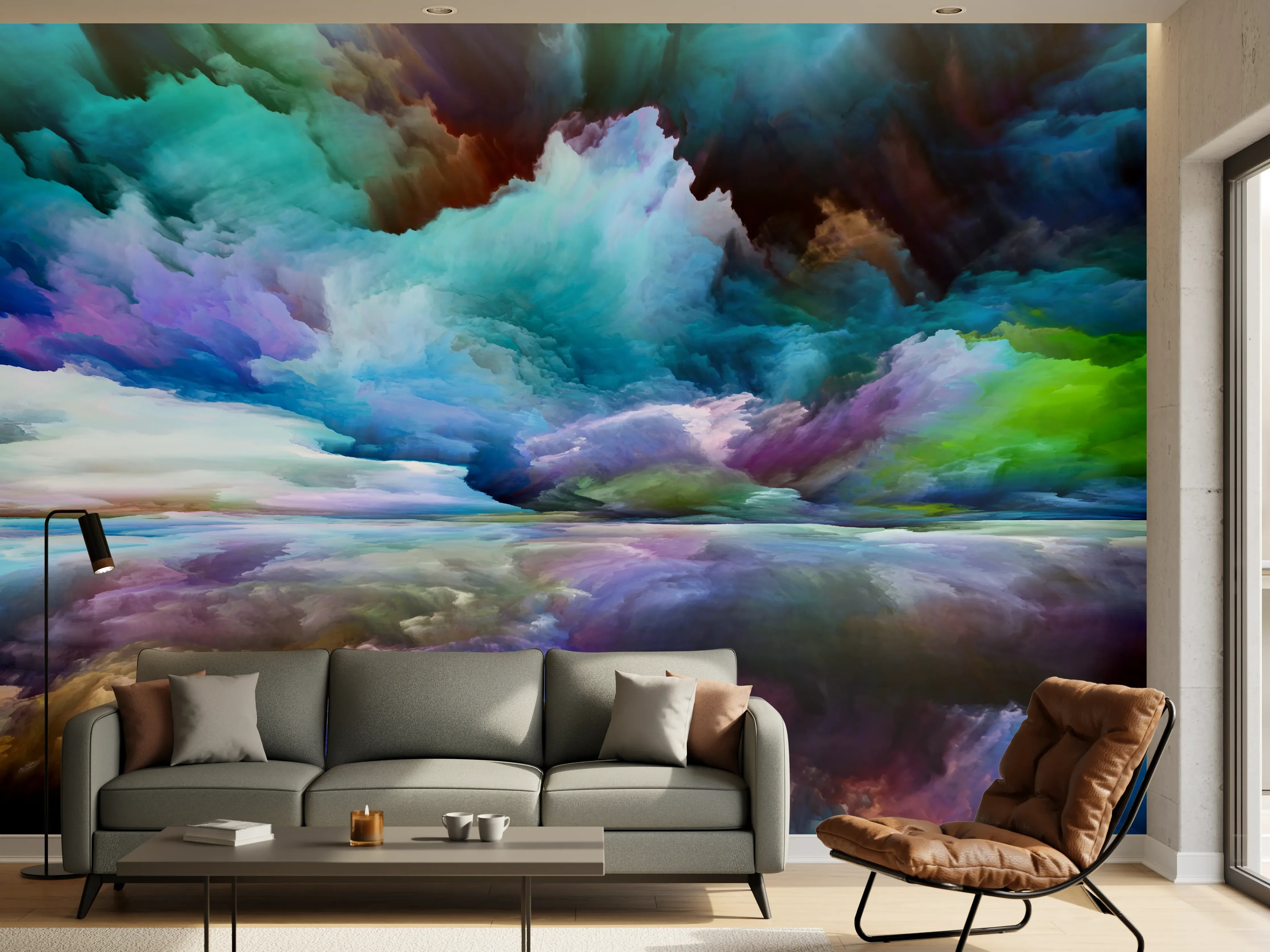 Wandverkleidung Wohnzimmer - Farbenprächtiges Wolkenpanorama mit Spiegelung
