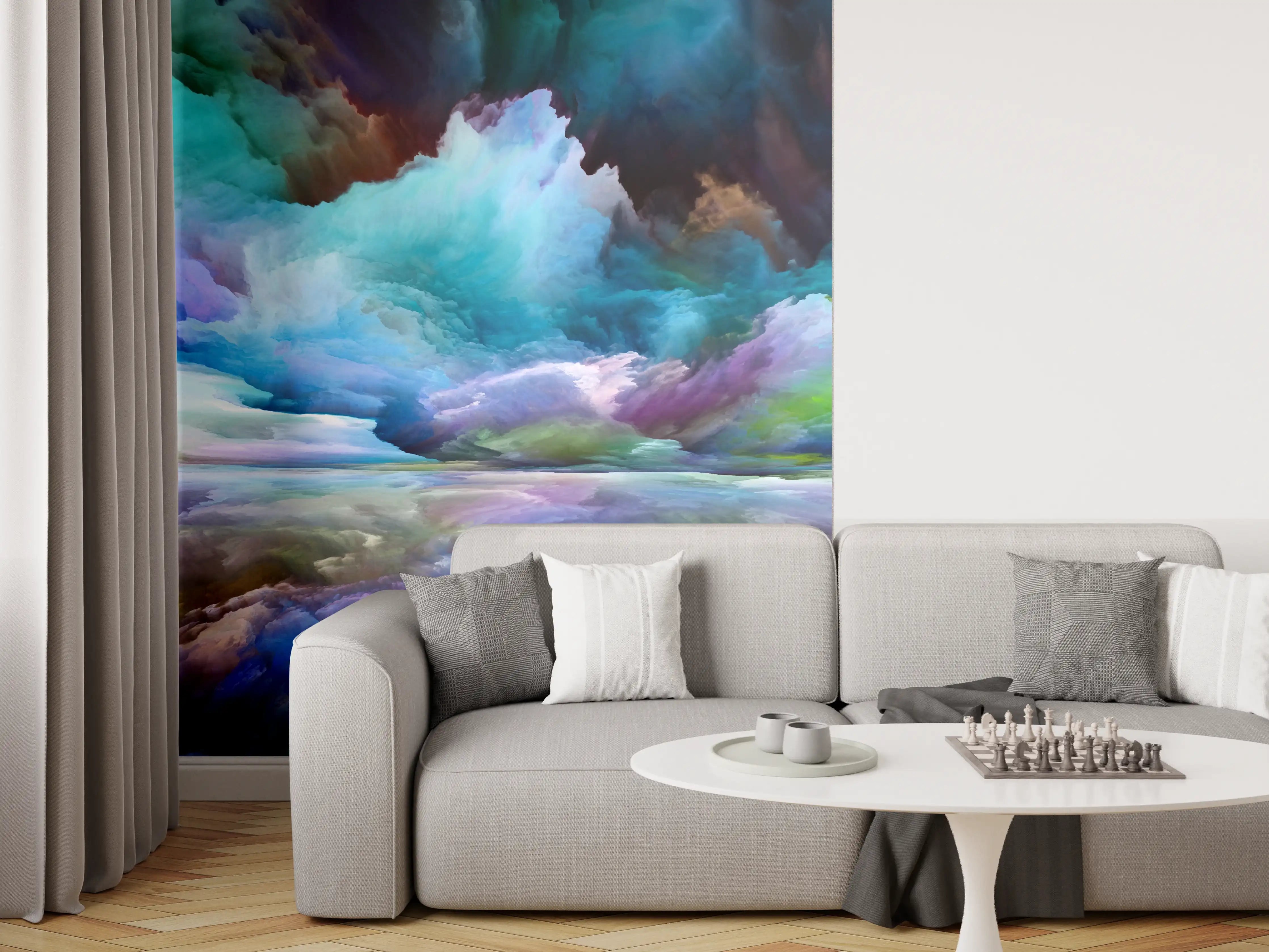 Wandverkleidung Wohnzimmer - Farbenprächtiges Wolkenpanorama mit Spiegelung