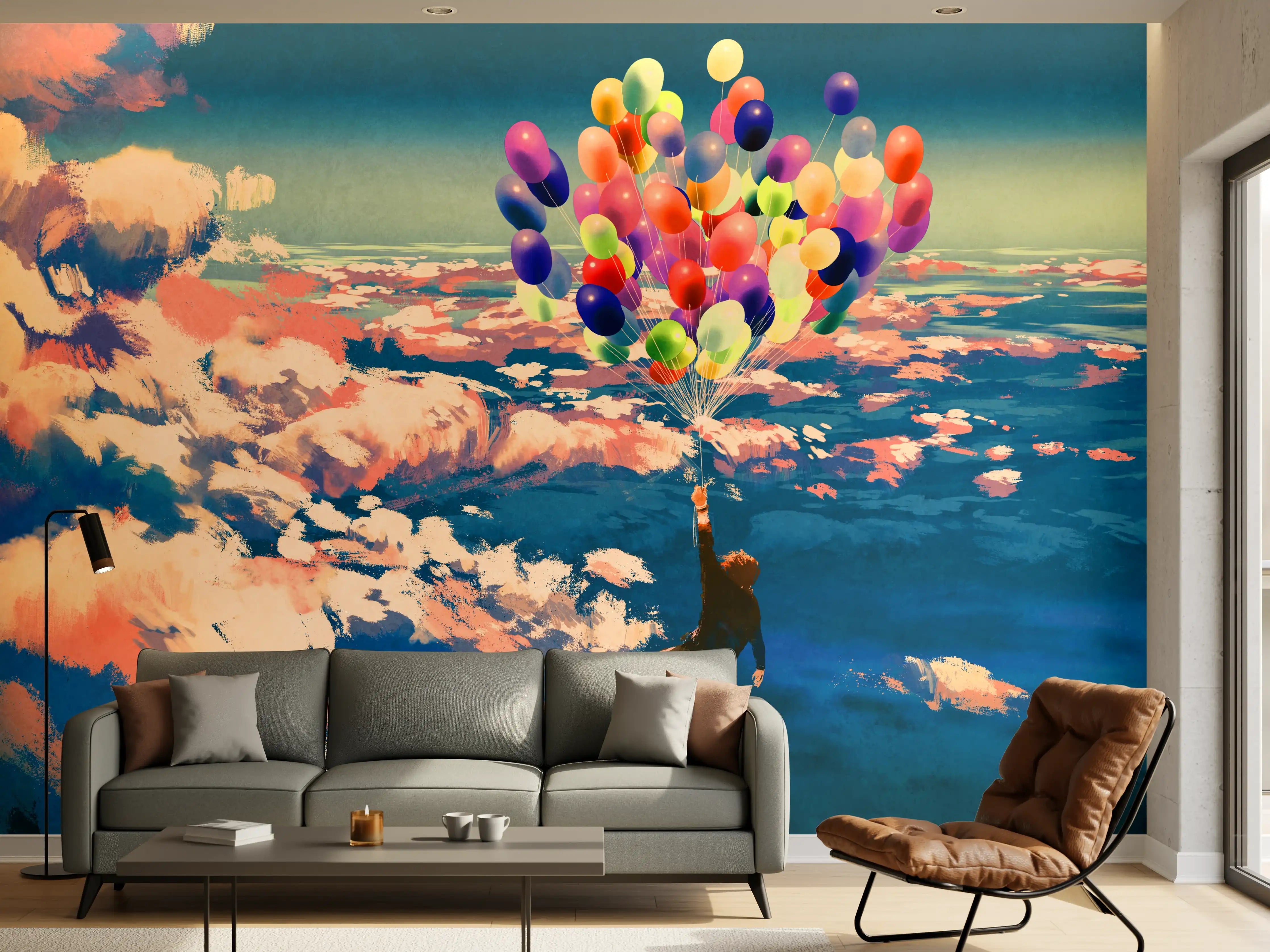 Wandverkleidung Wohnzimmer - Farbige Ballons in Himmelsszene