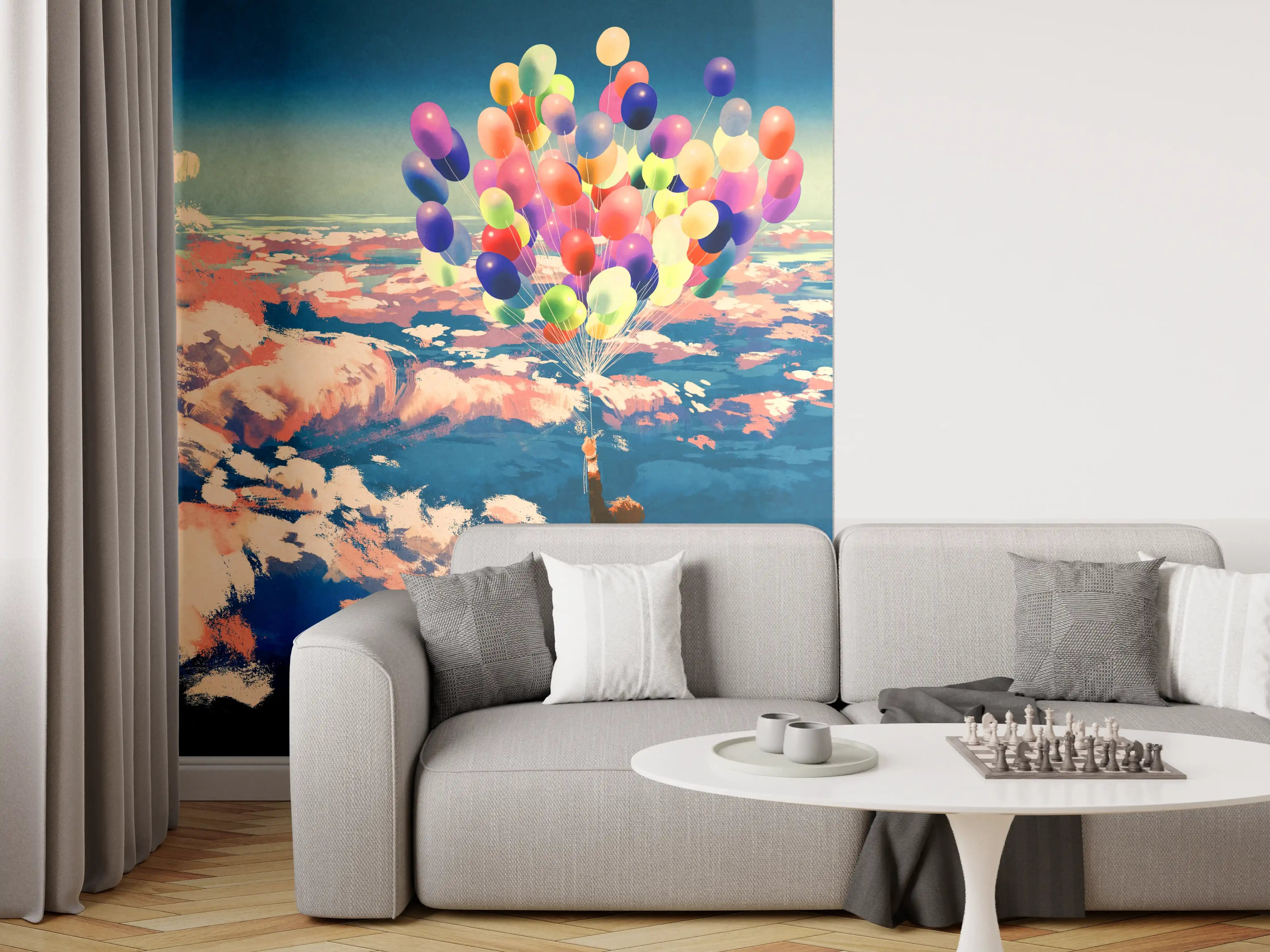 Wandverkleidung Wohnzimmer - Farbige Ballons in Himmelsszene