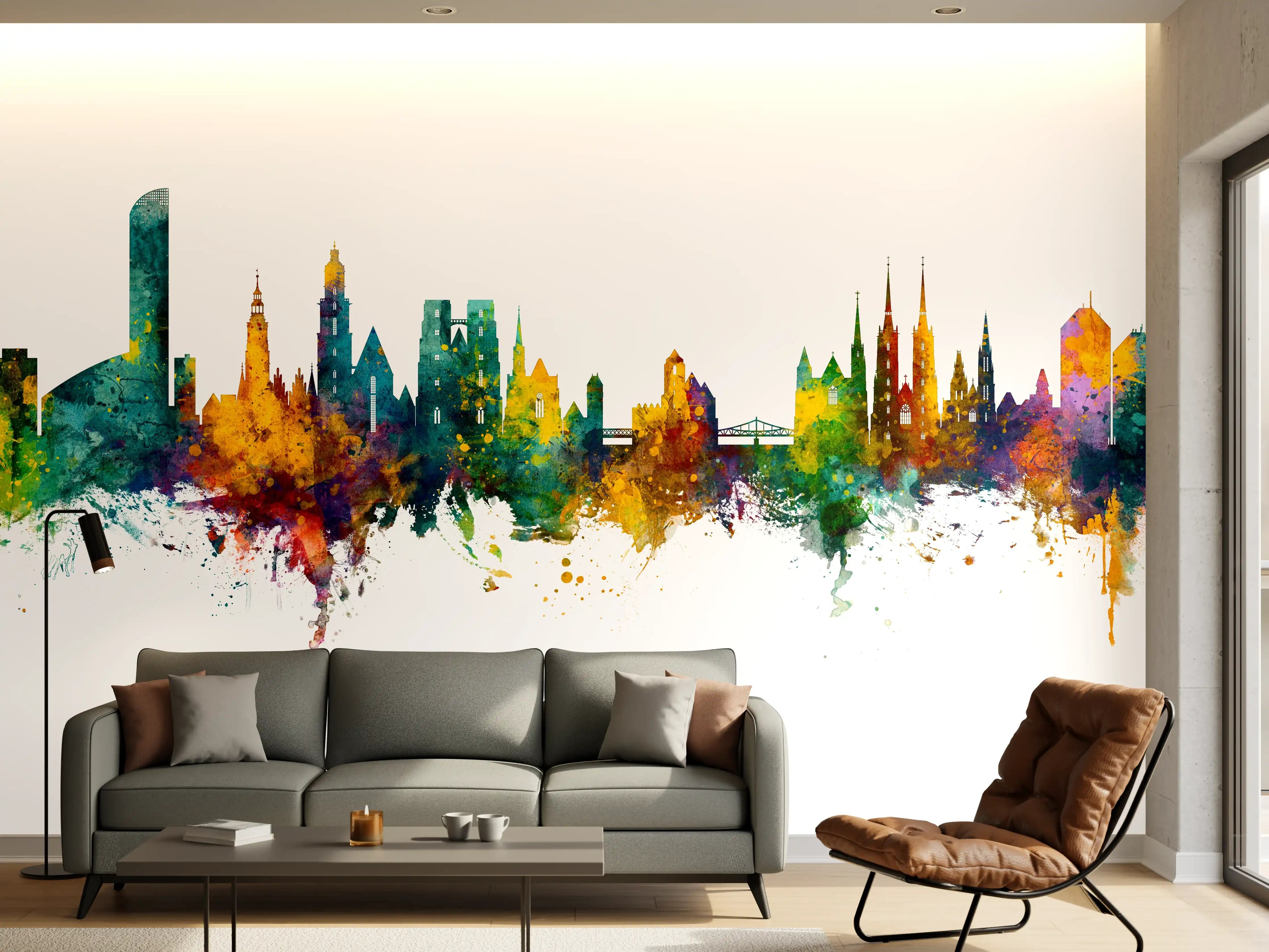 Wandverkleidung Wohnzimmer - Farbige Stadt Silhouette