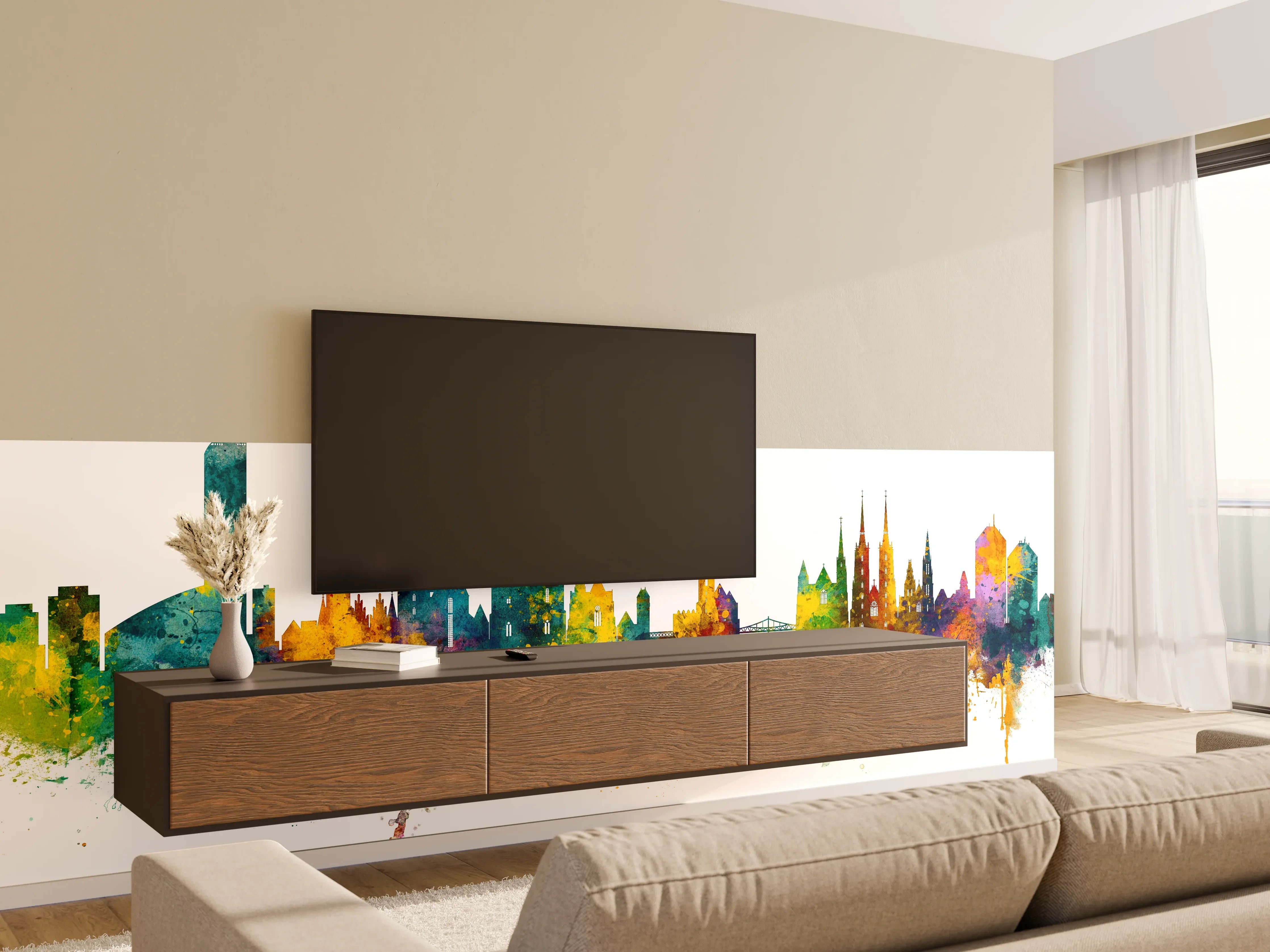Wandverkleidung Wohnzimmer - Farbige Stadt Silhouette