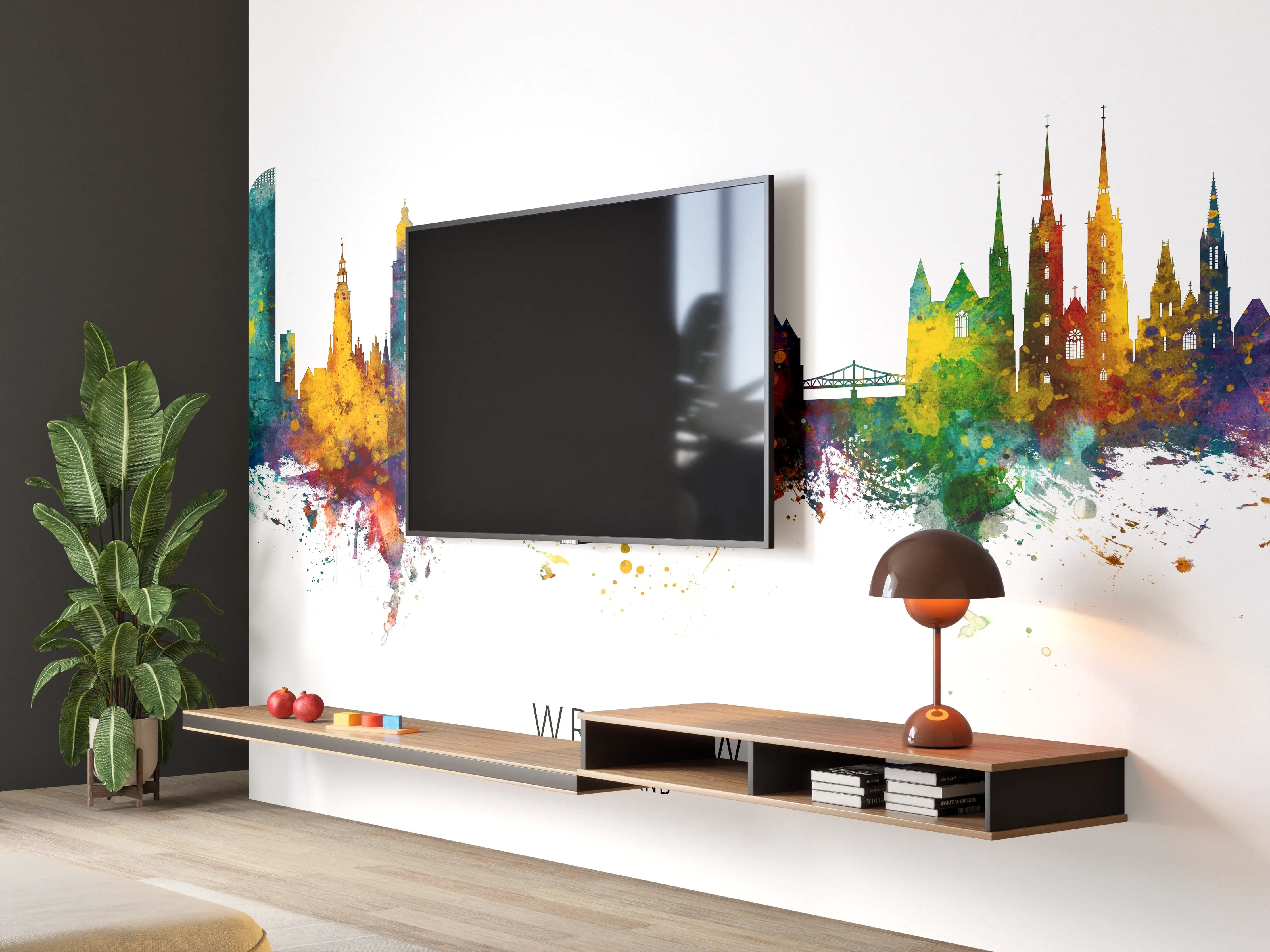 Wandverkleidung Wohnzimmer - Farbige Stadt Silhouette
