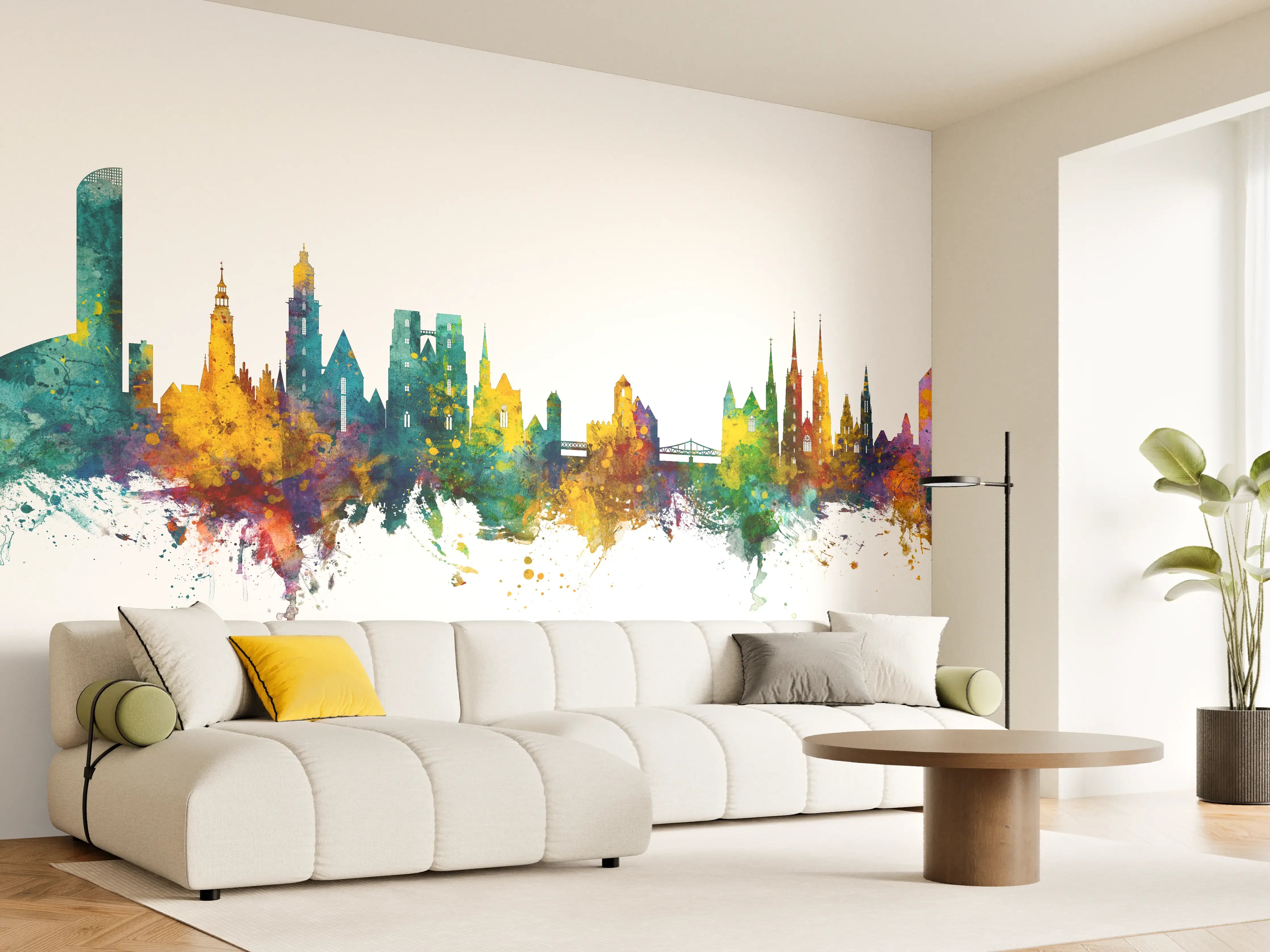 Wandverkleidung Wohnzimmer - Farbige Stadt Silhouette