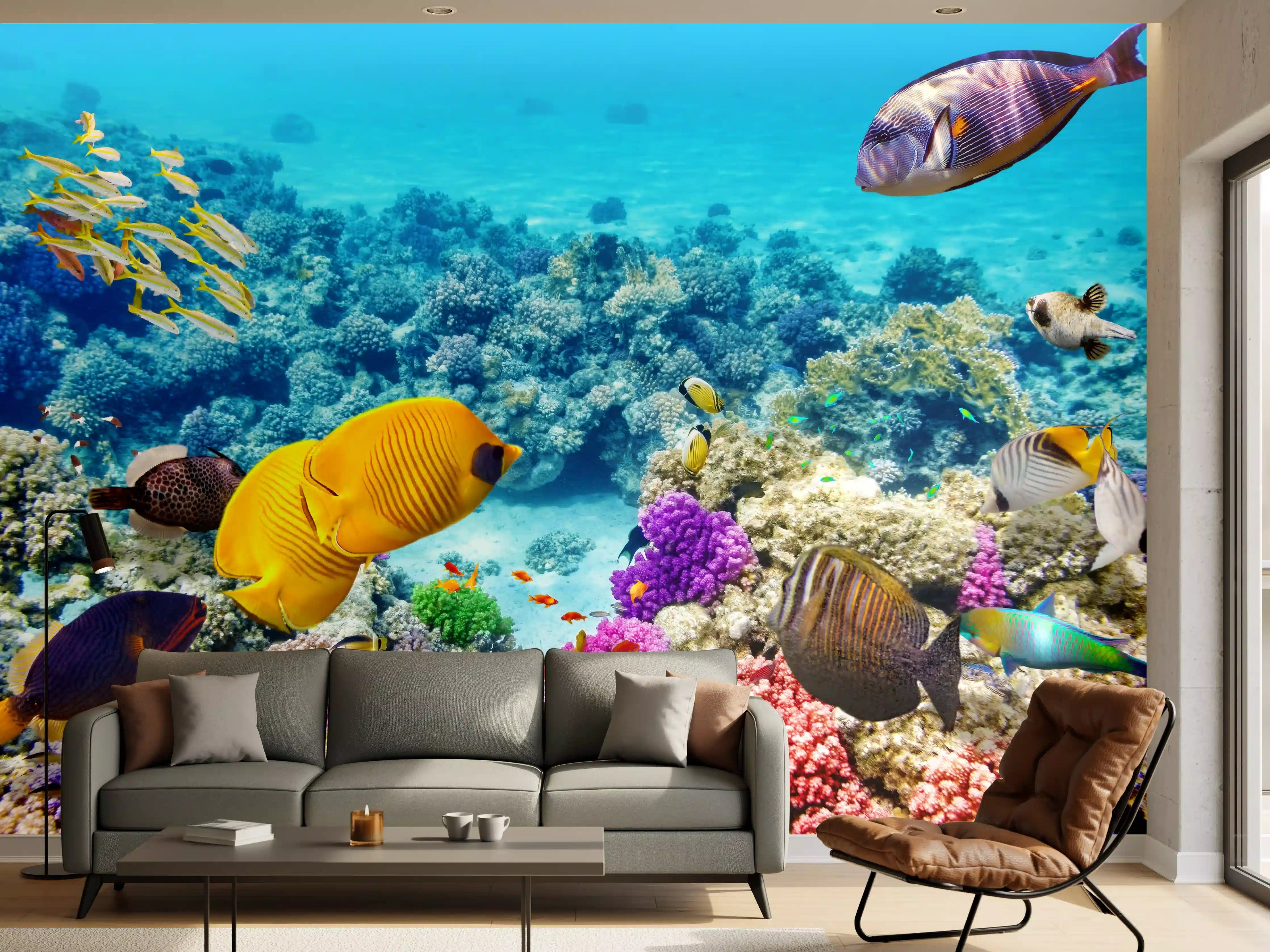 Wandverkleidung Wohnzimmer - Farbige Unterwasserwelt mit tropischen Fischen