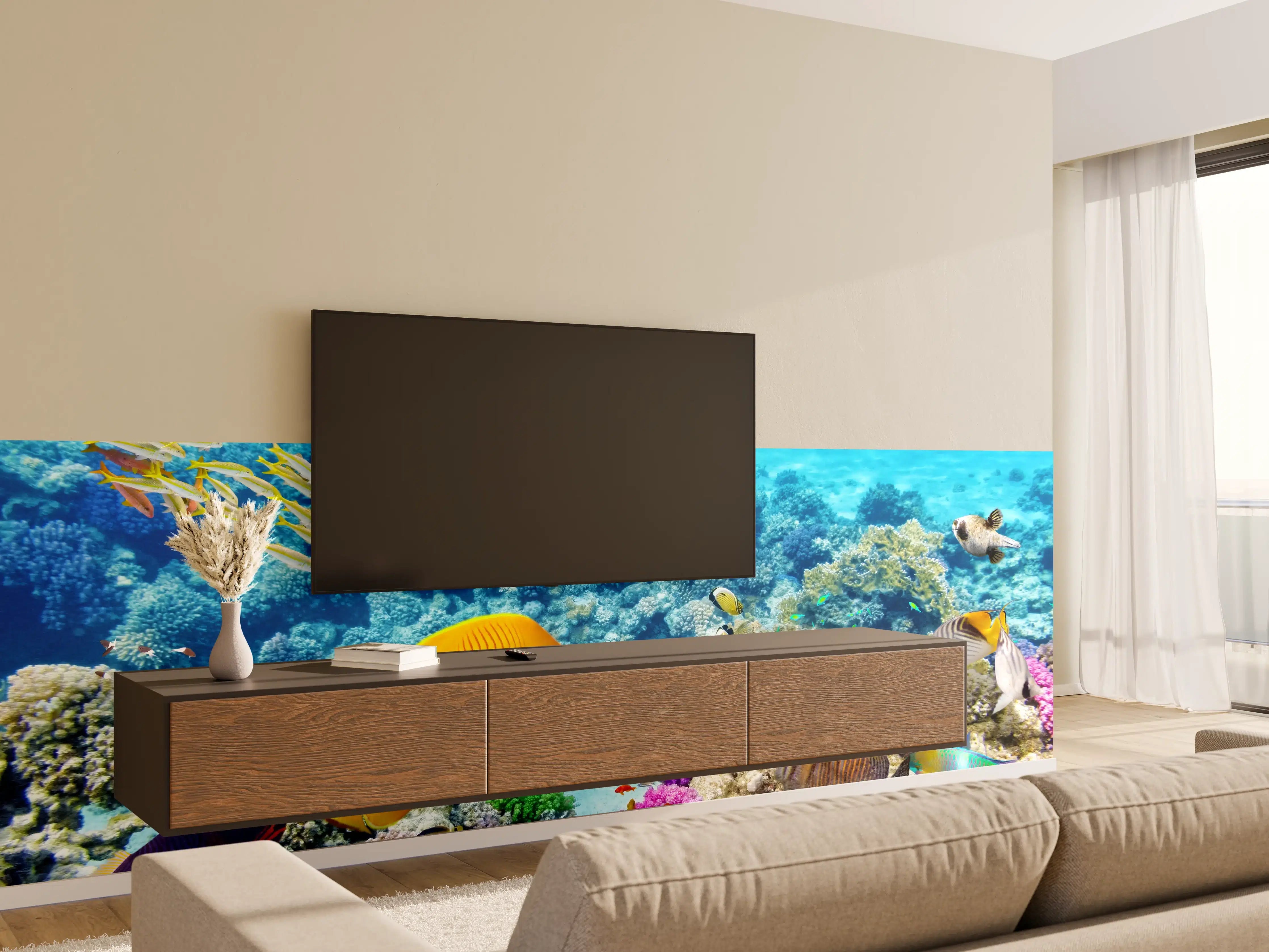 Wandverkleidung Wohnzimmer - Farbige Unterwasserwelt mit tropischen Fischen