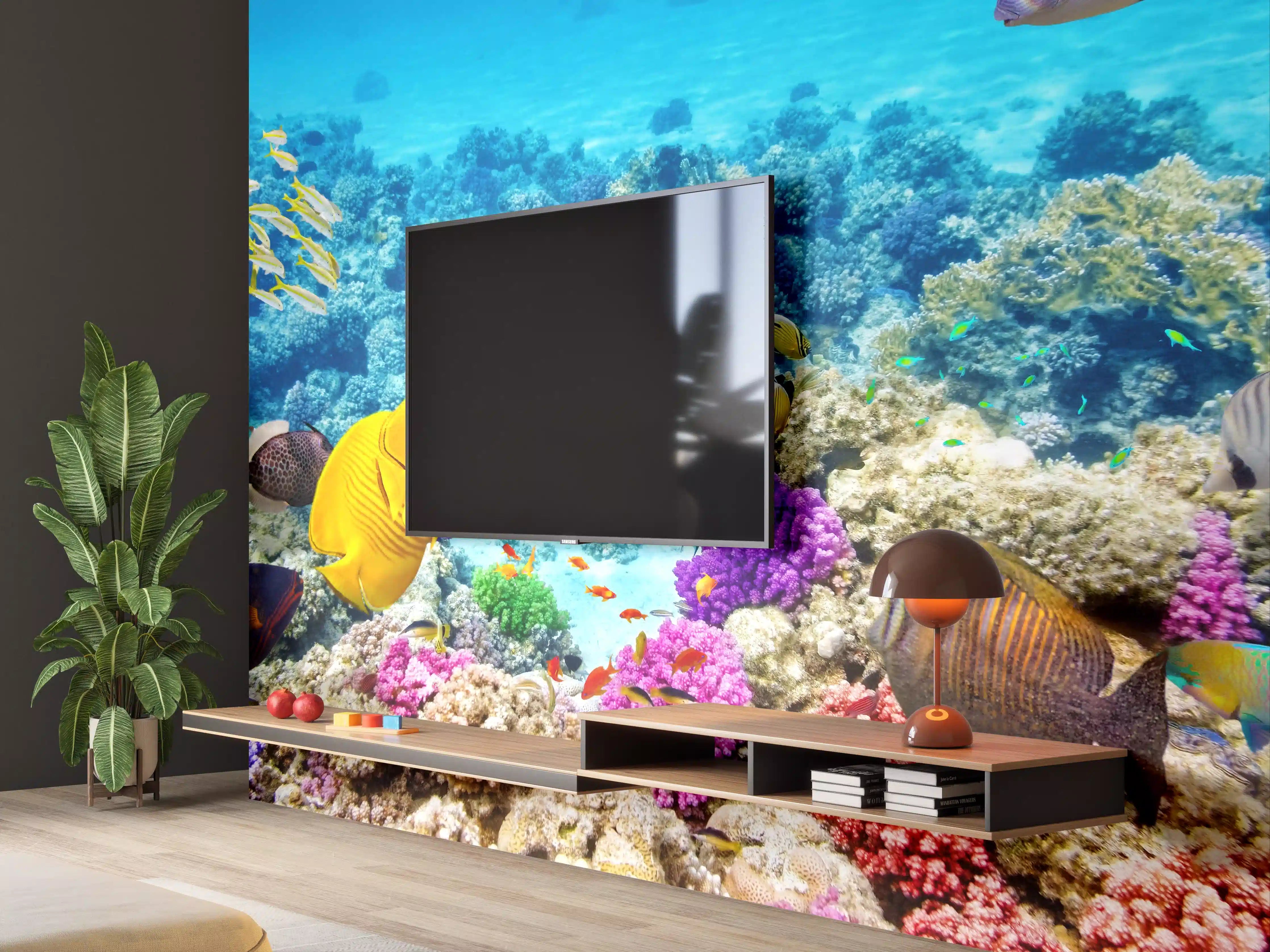 Wandverkleidung Wohnzimmer - Farbige Unterwasserwelt mit tropischen Fischen