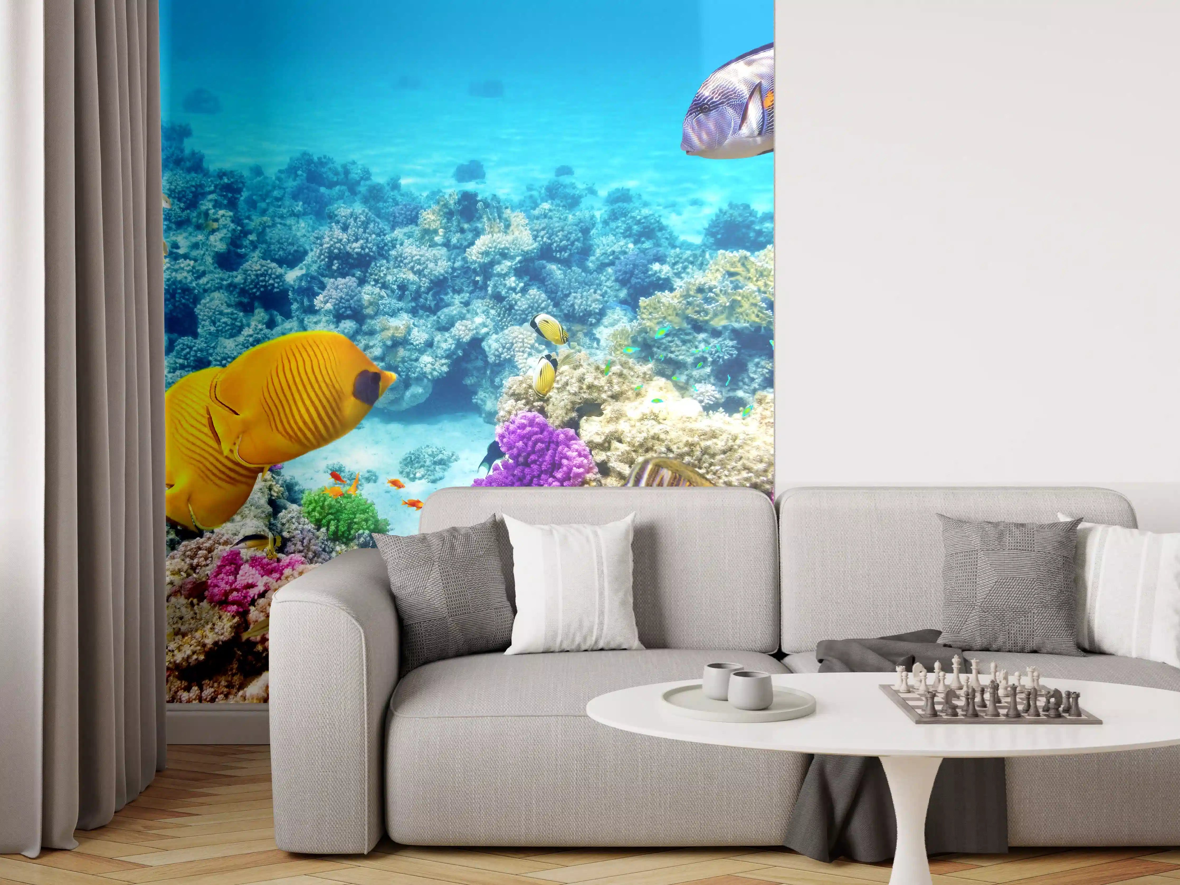 Wandverkleidung Wohnzimmer - Farbige Unterwasserwelt mit tropischen Fischen
