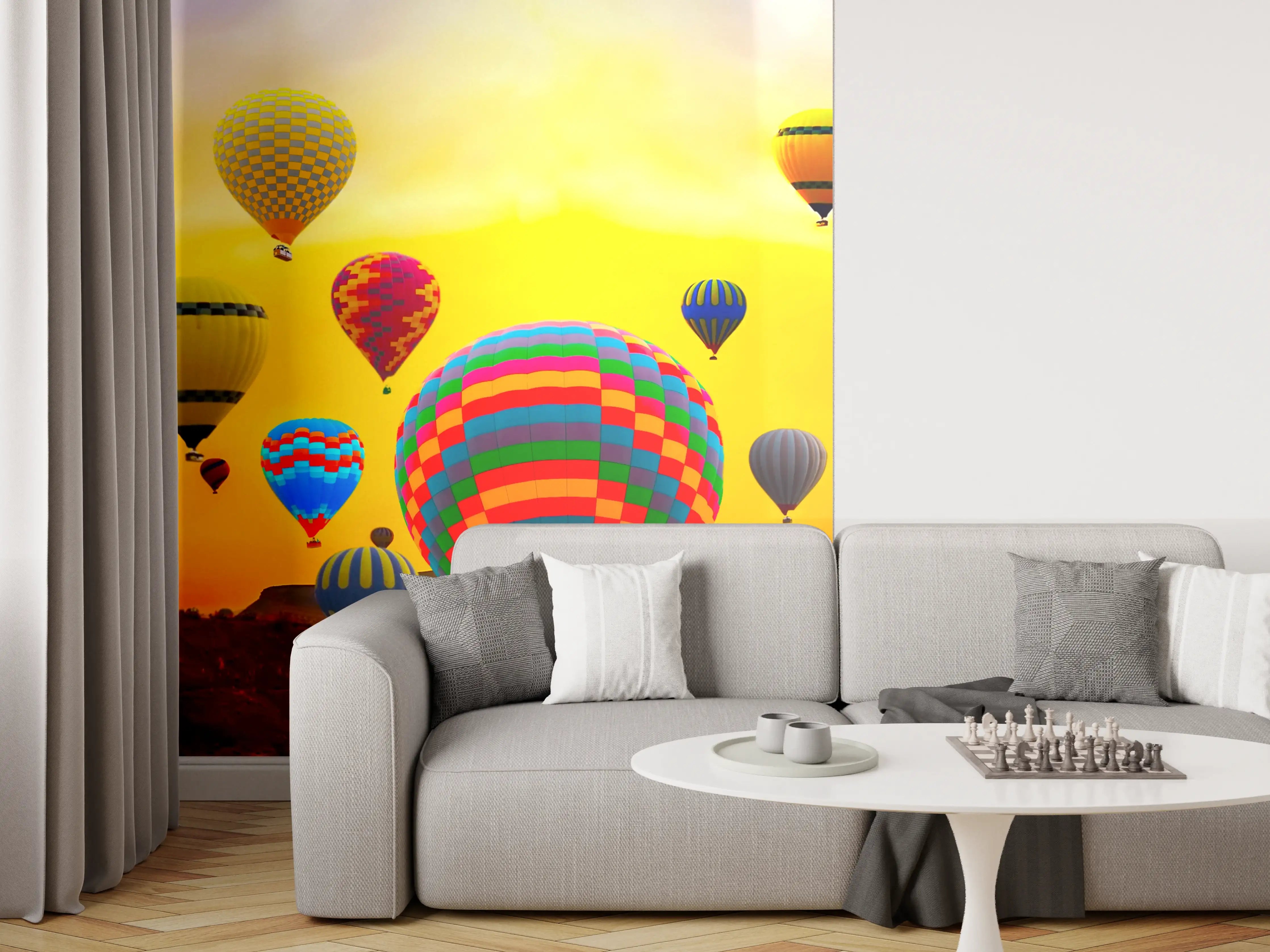 Wandverkleidung Wohnzimmer - Farbprächtiges Heißluftballon-Festival bei Sonnenuntergang