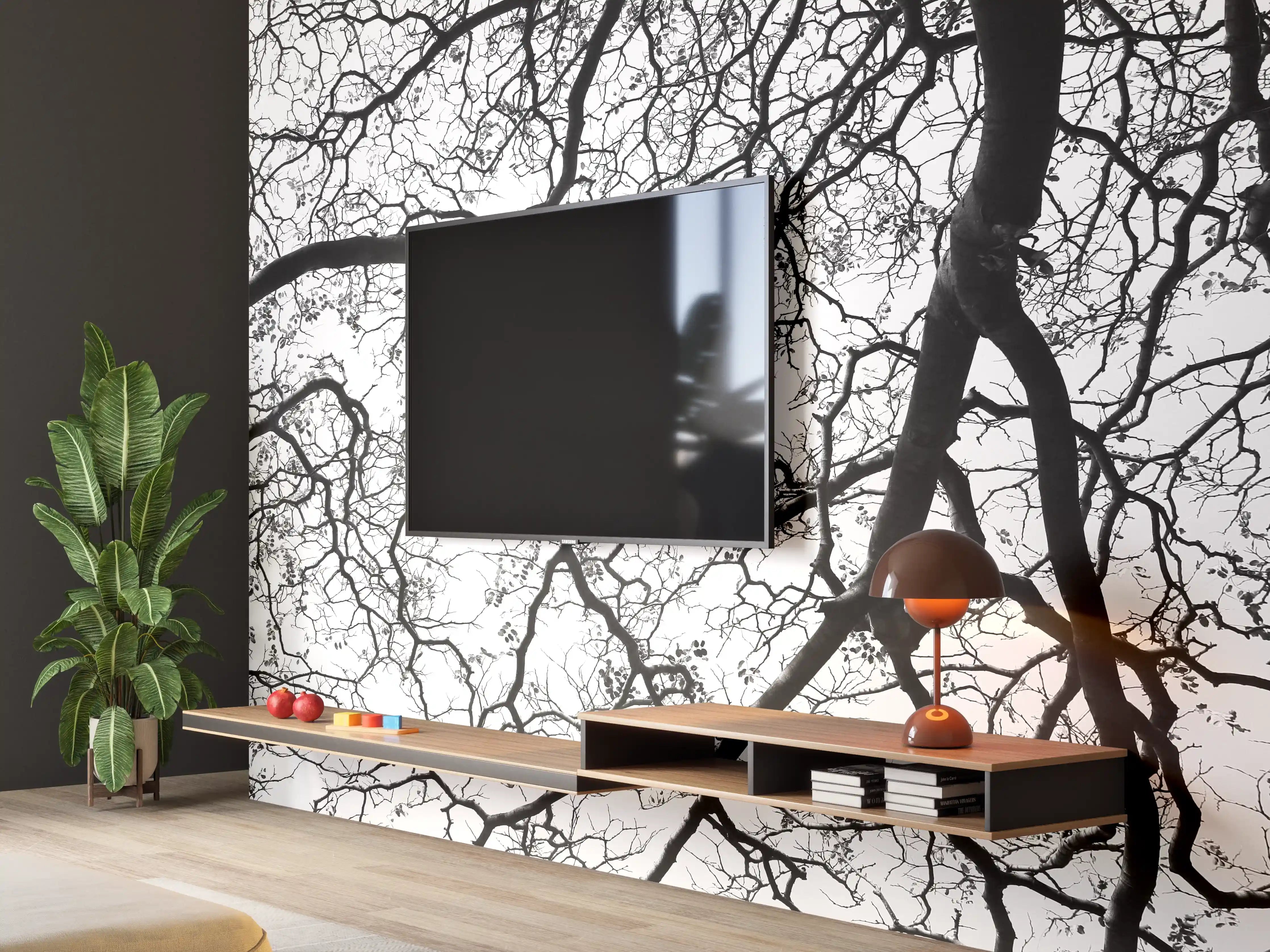 Wandverkleidung Wohnzimmer - Faszinierende Baumzweige in Schwarz-Weiß