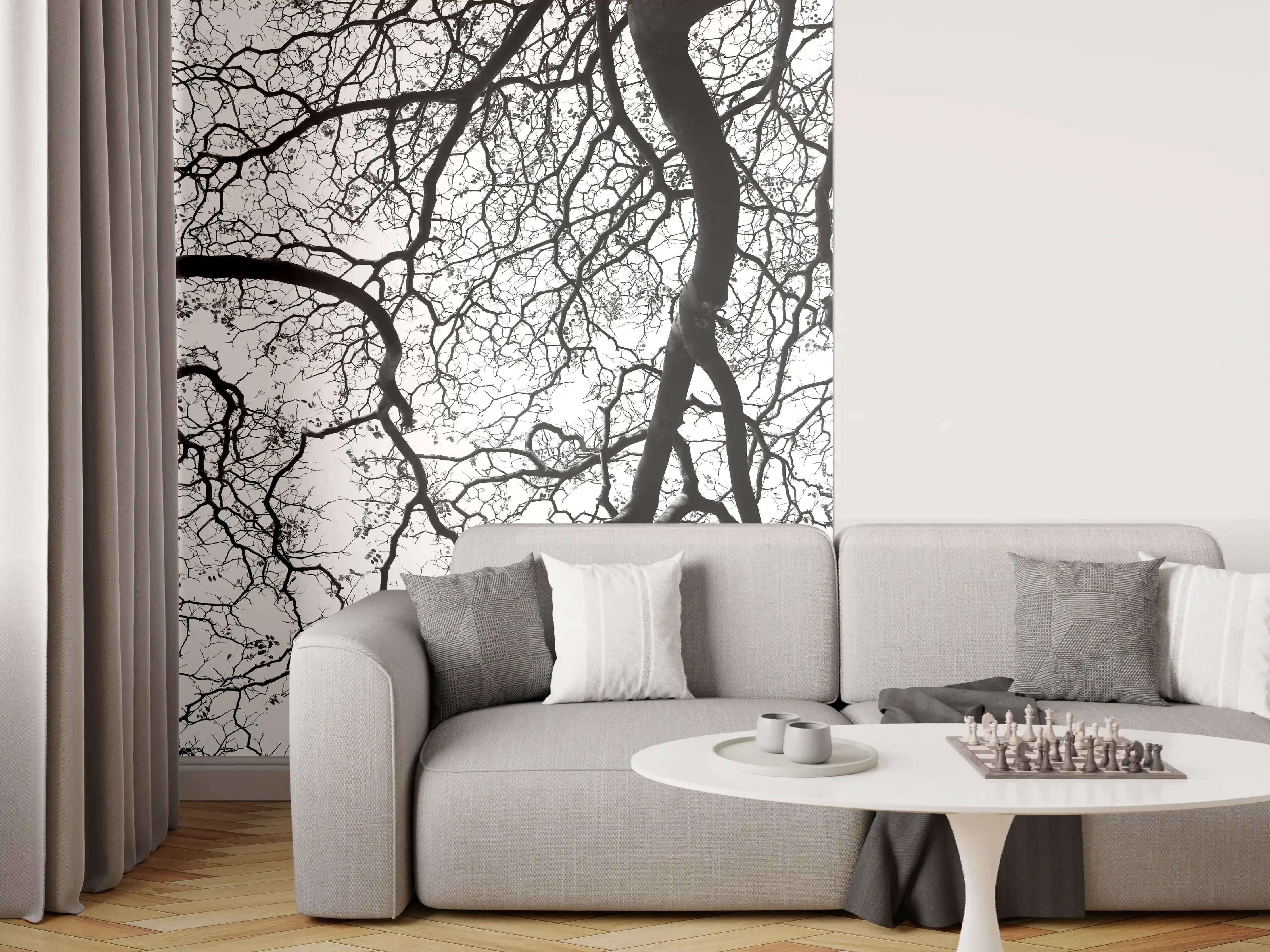 Wandverkleidung Wohnzimmer - Faszinierende Baumzweige in Schwarz-Weiß