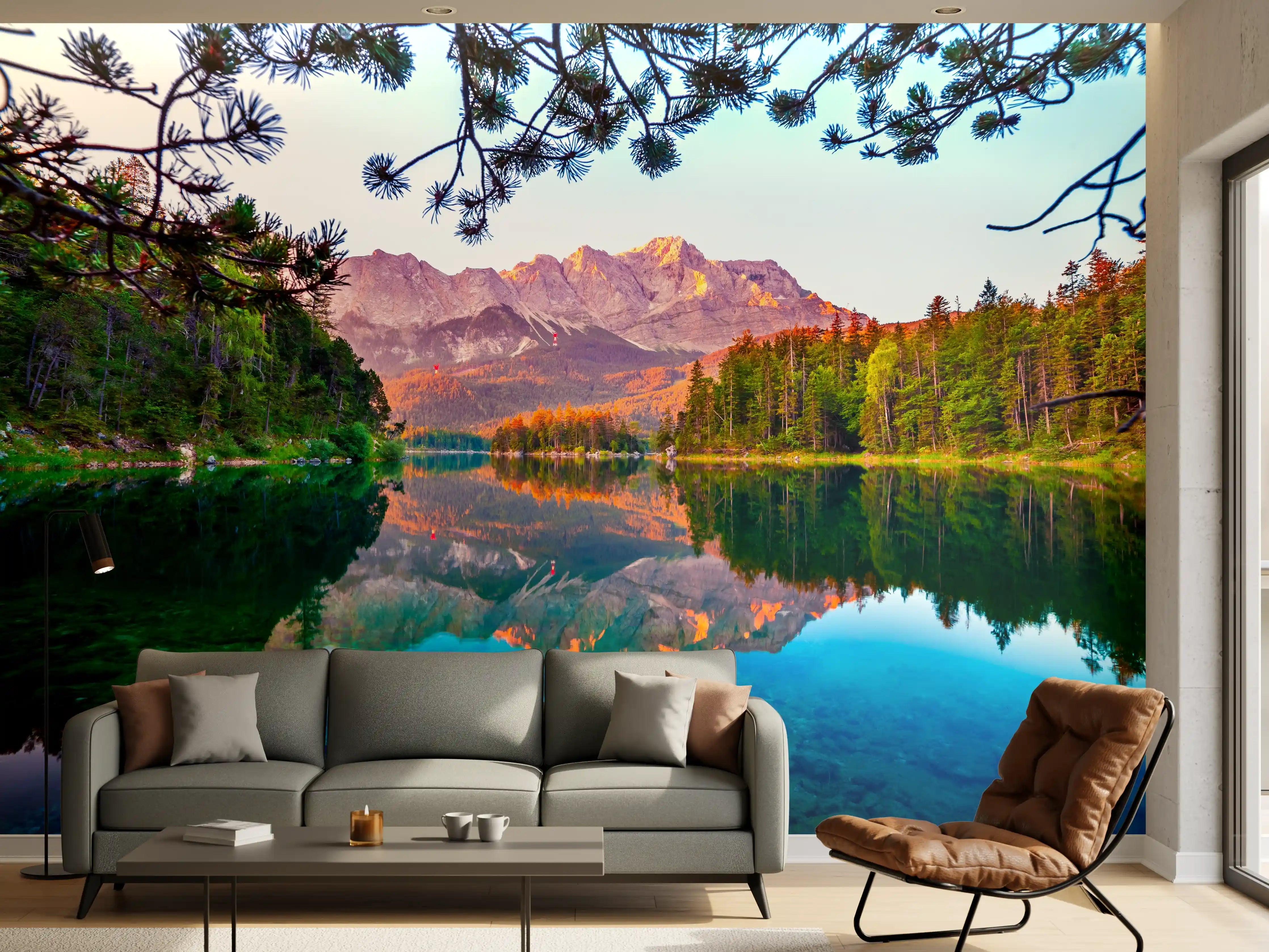 Wandverkleidung Wohnzimmer - Faszinierende Berglandschaft am See