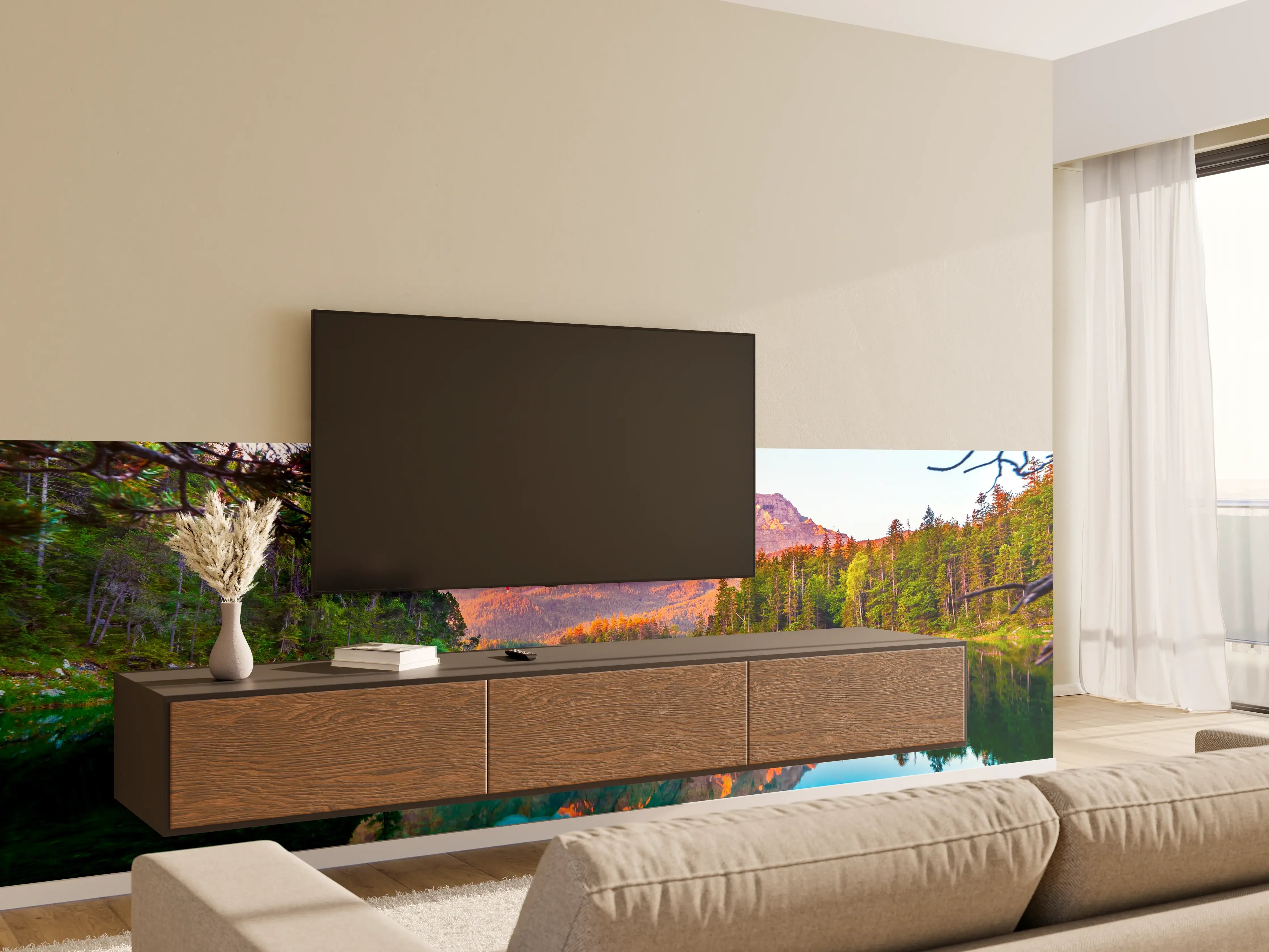 Wandverkleidung Wohnzimmer - Faszinierende Berglandschaft am See