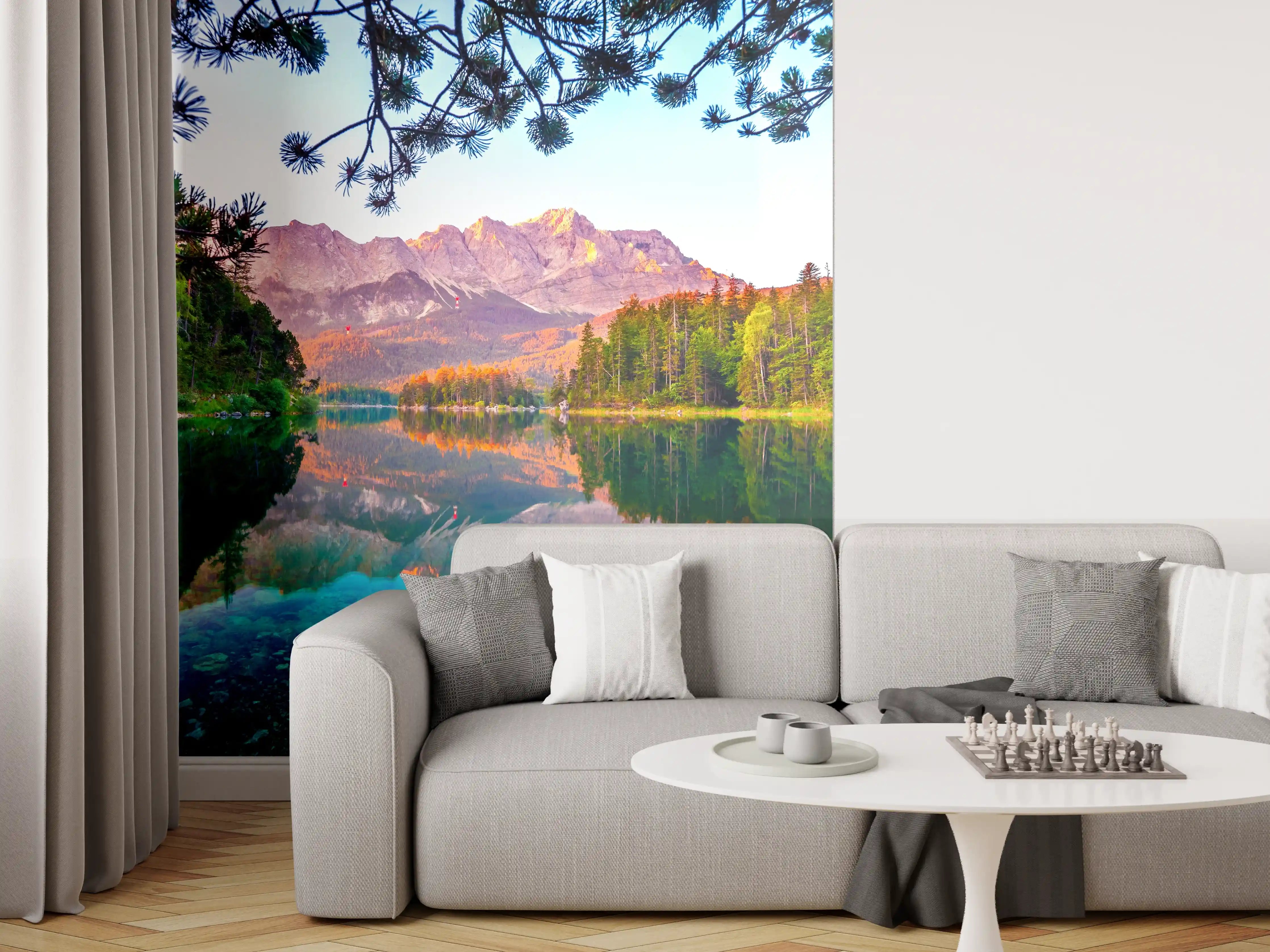 Wandverkleidung Wohnzimmer - Faszinierende Berglandschaft am See