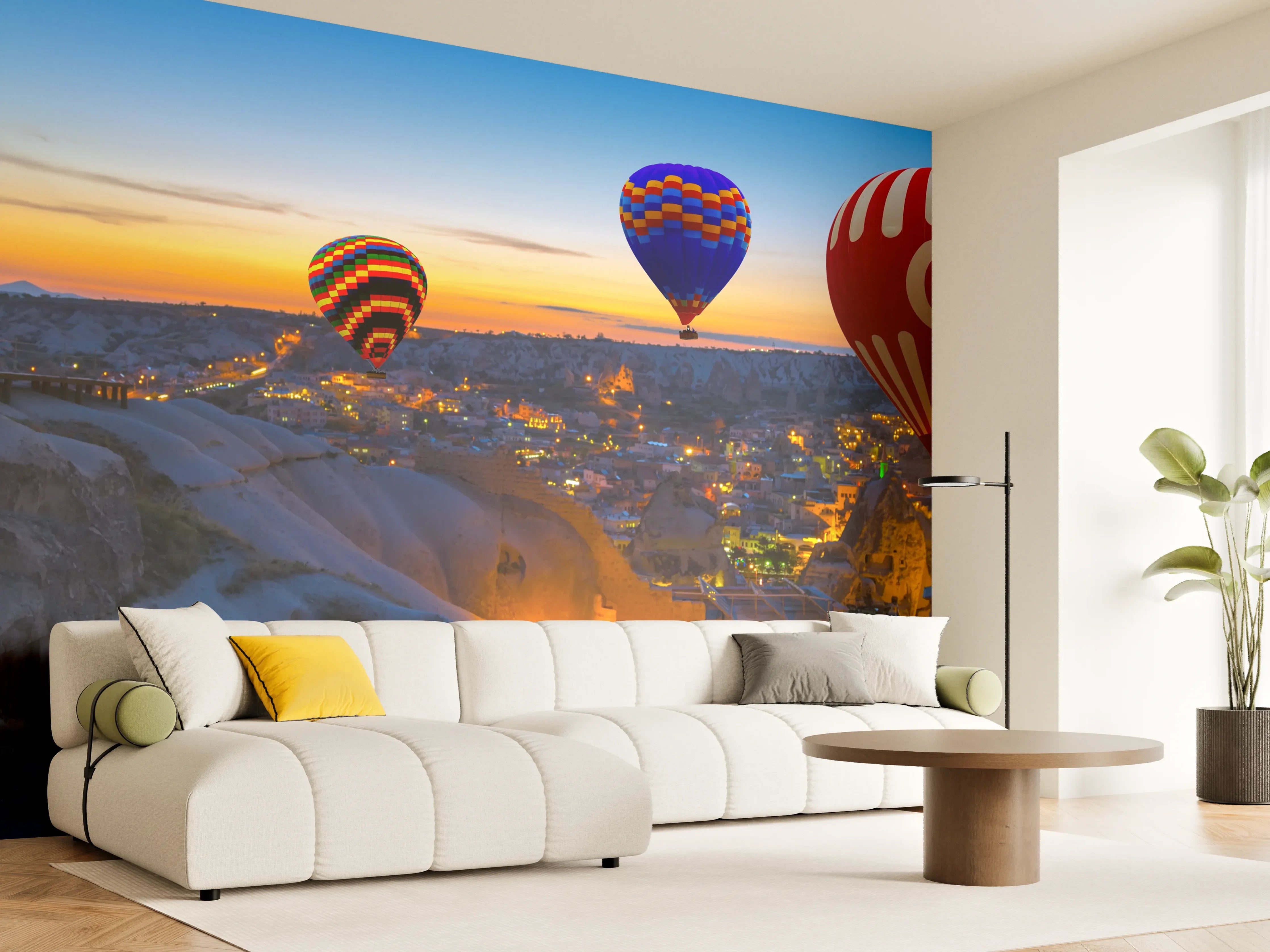 Wandverkleidung Wohnzimmer - Faszinierende Heißluftballons über Kappadokien bei Sonnenaufgang