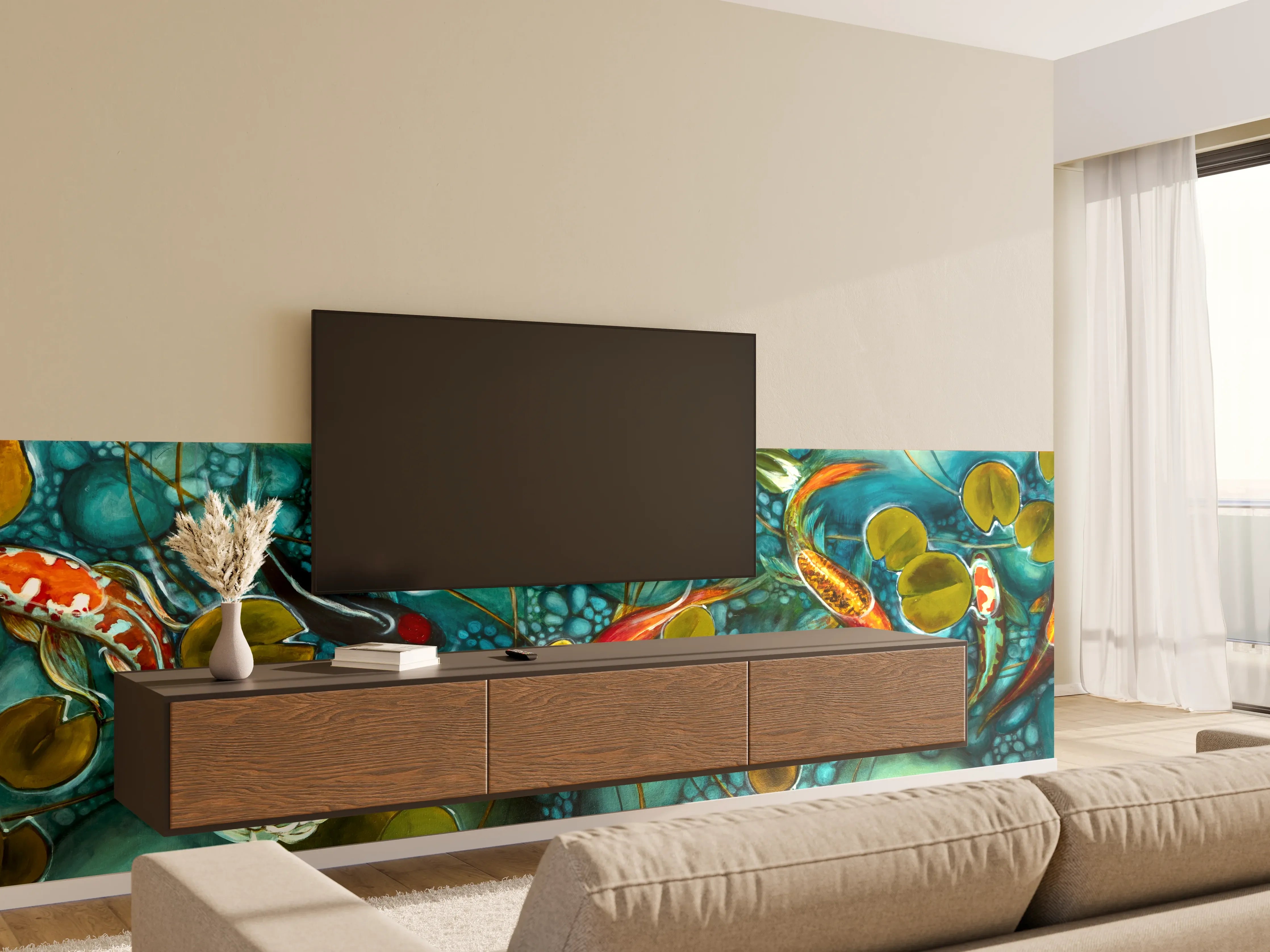 Wandverkleidung Wohnzimmer - Faszinierende Unterwasserwelt mit Koi-Karpfen