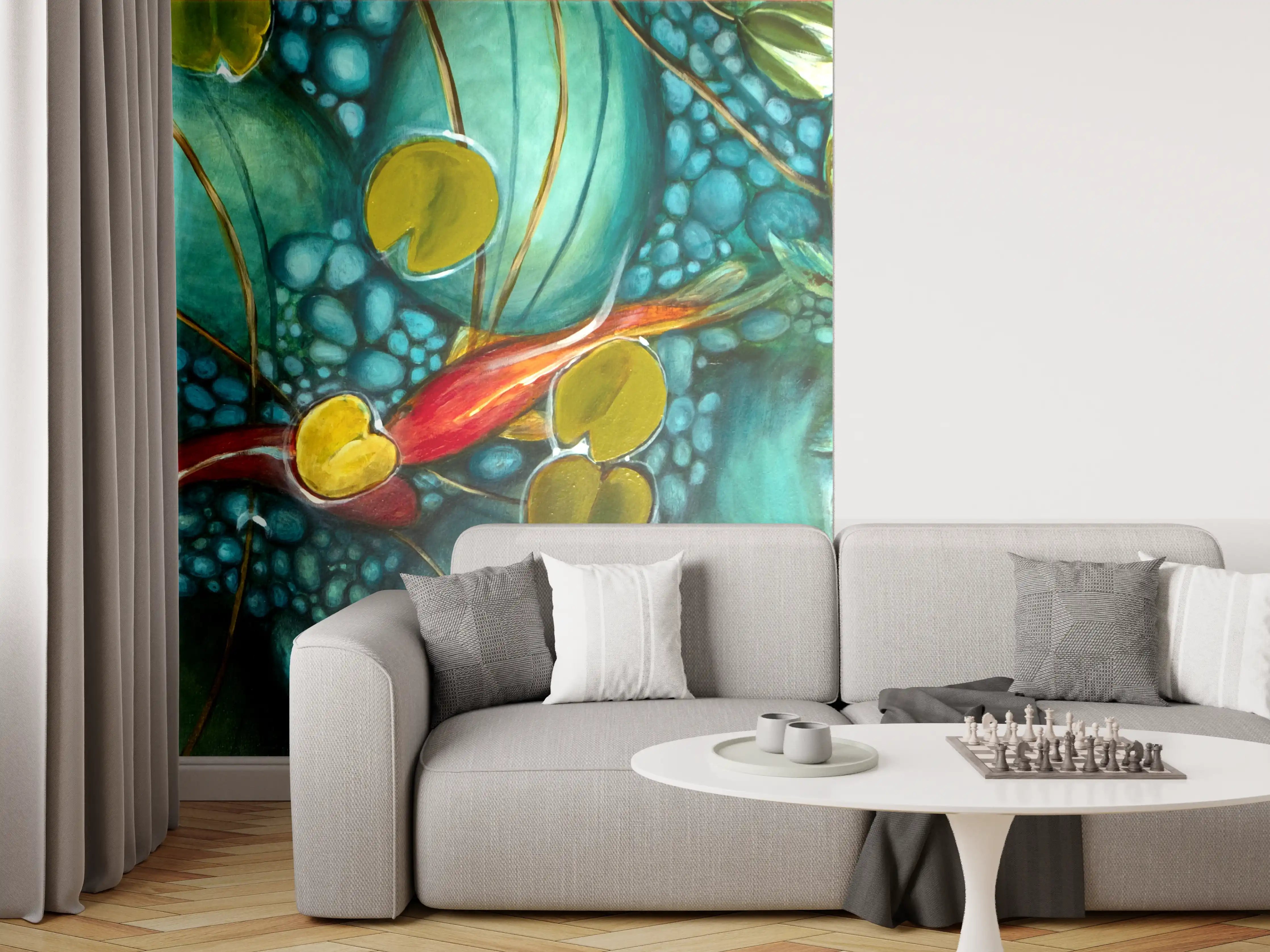 Wandverkleidung Wohnzimmer - Faszinierende Unterwasserwelt mit Koi-Karpfen